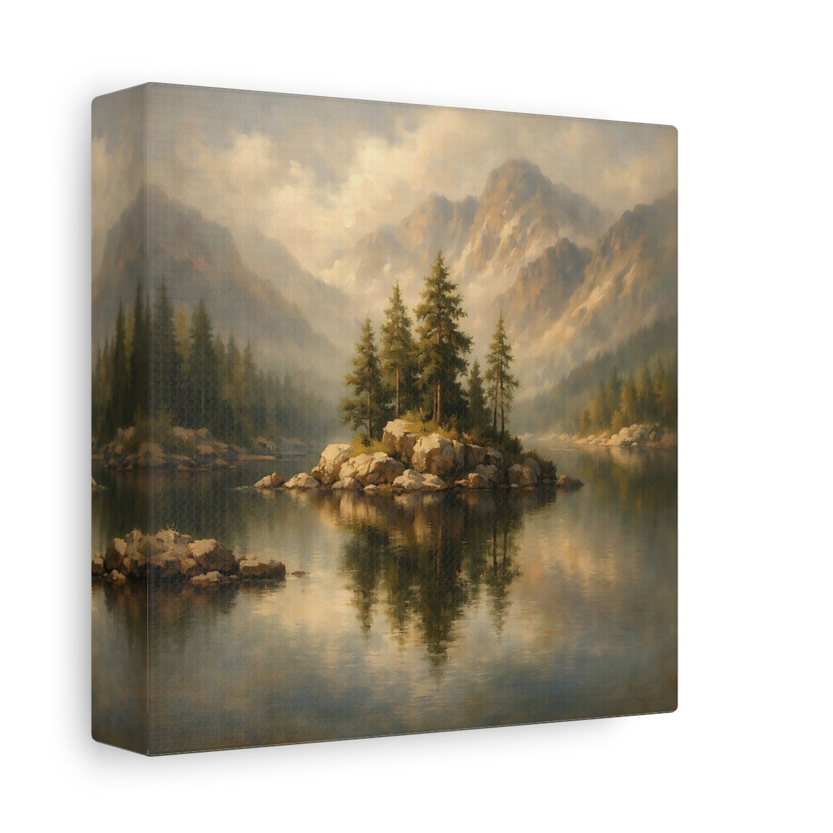 Side Mockup 1. Nature Mountain Lake Misty Mountain Lake shown as stretched canvas wall art