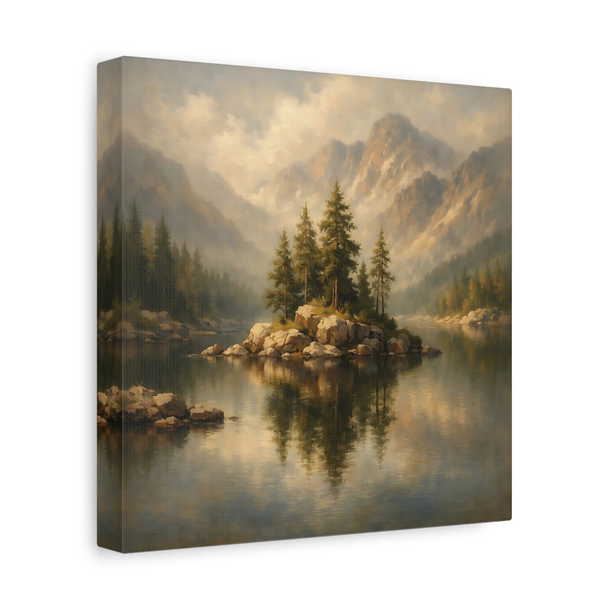 Side Mockup 9. Nature Mountain Lake Misty Mountain Lake shown as stretched canvas wall art