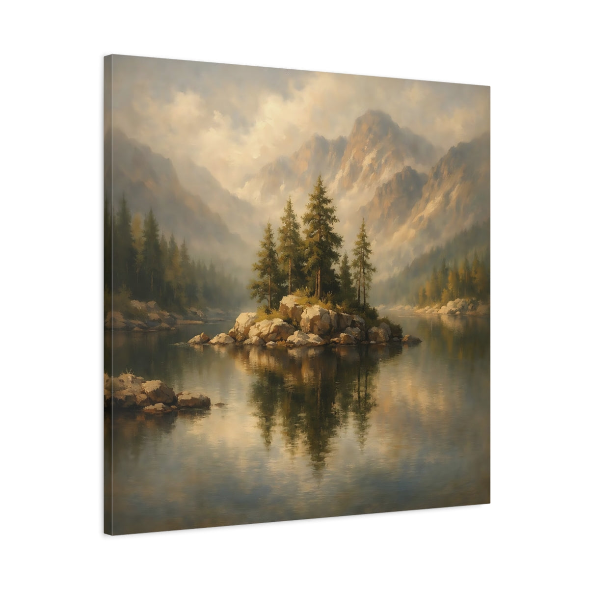 Side Mockup 3. Nature Mountain Lake Misty Mountain Lake shown as stretched canvas wall art