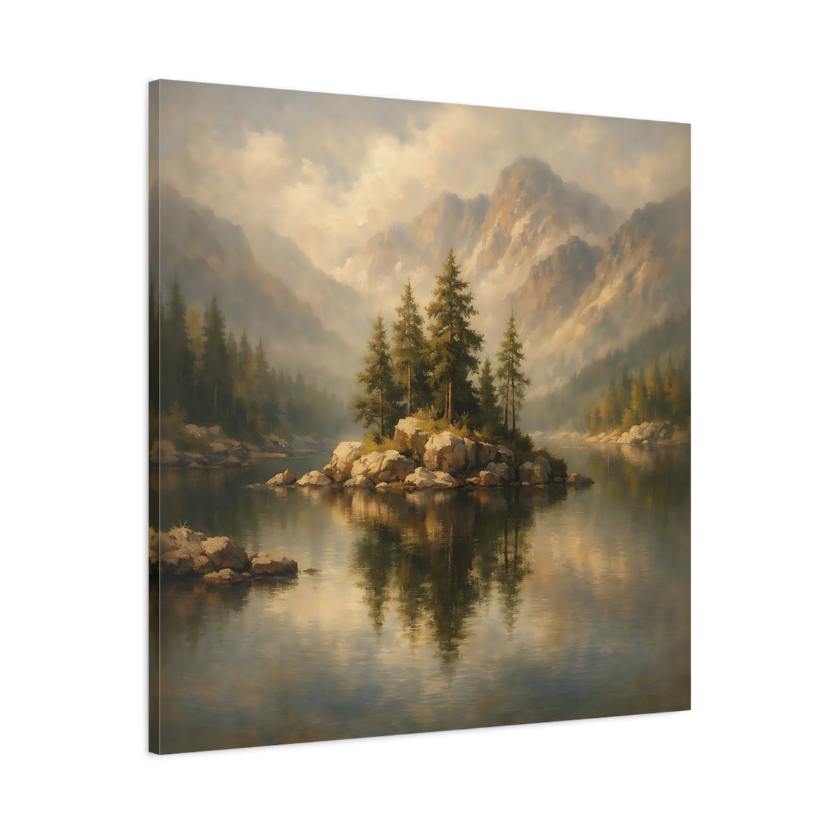 Side Mockup 2. Nature Mountain Lake Misty Mountain Lake shown as stretched canvas wall art