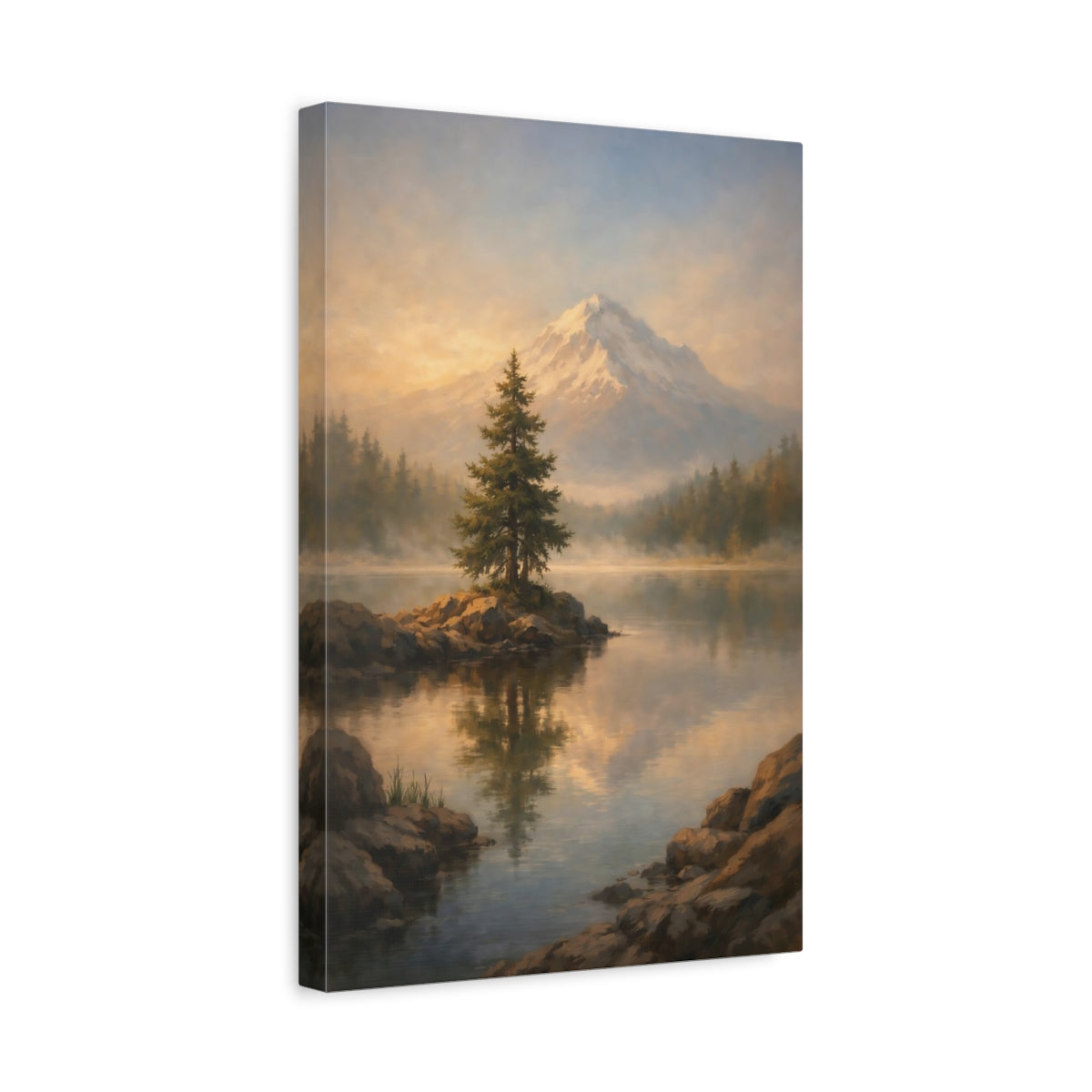 Side Mockup 4. Nature Mountain Landscape Golden Mountain Lake shown as stretched canvas wall art