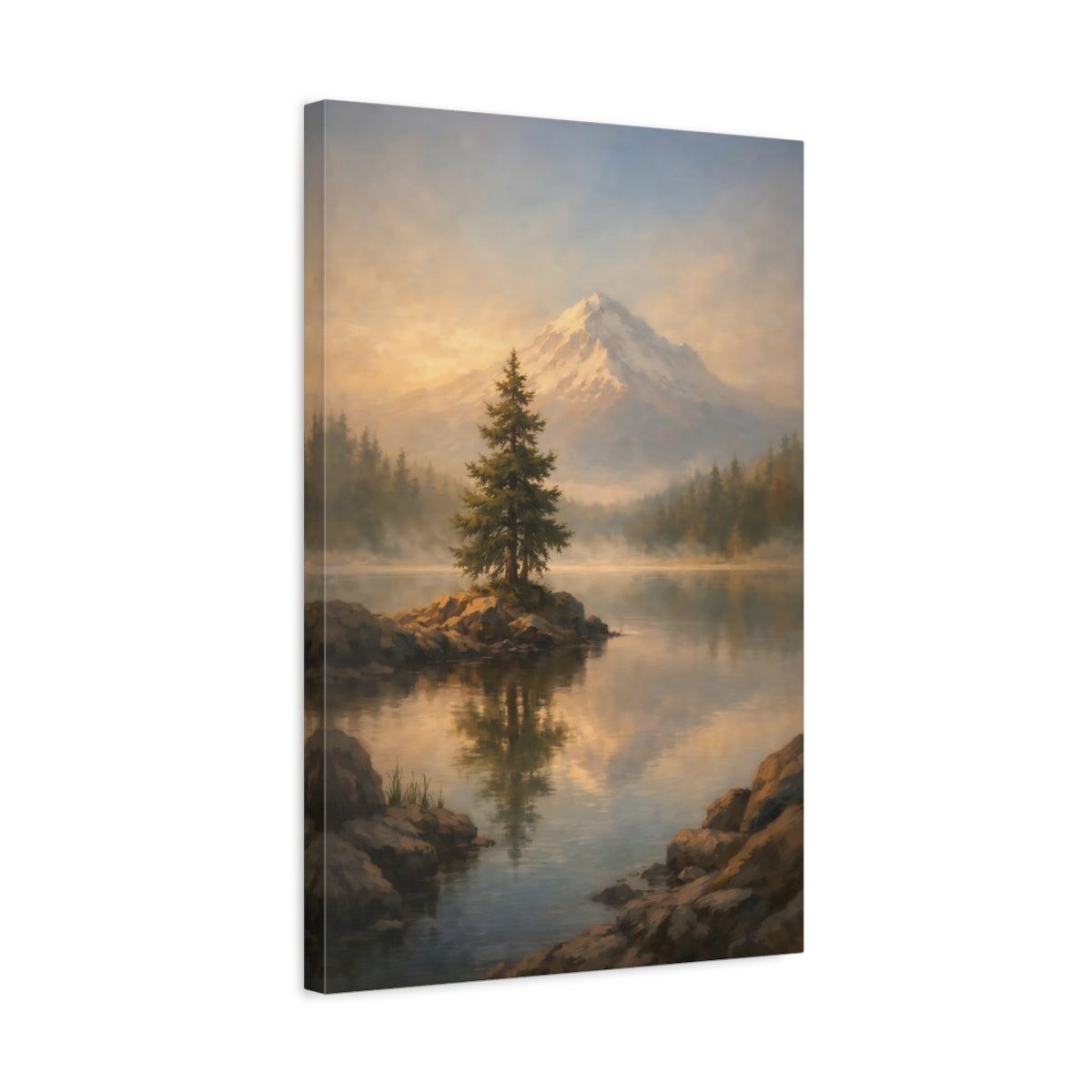 Side Mockup 3. Nature Mountain Landscape Golden Mountain Lake shown as stretched canvas wall art