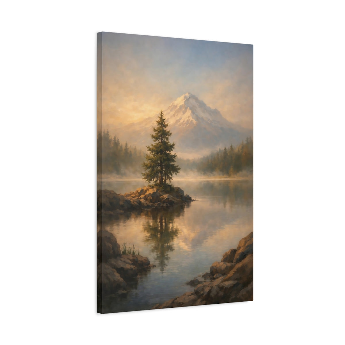 Side Mockup 2. Nature Mountain Landscape Golden Mountain Lake shown as stretched canvas wall art