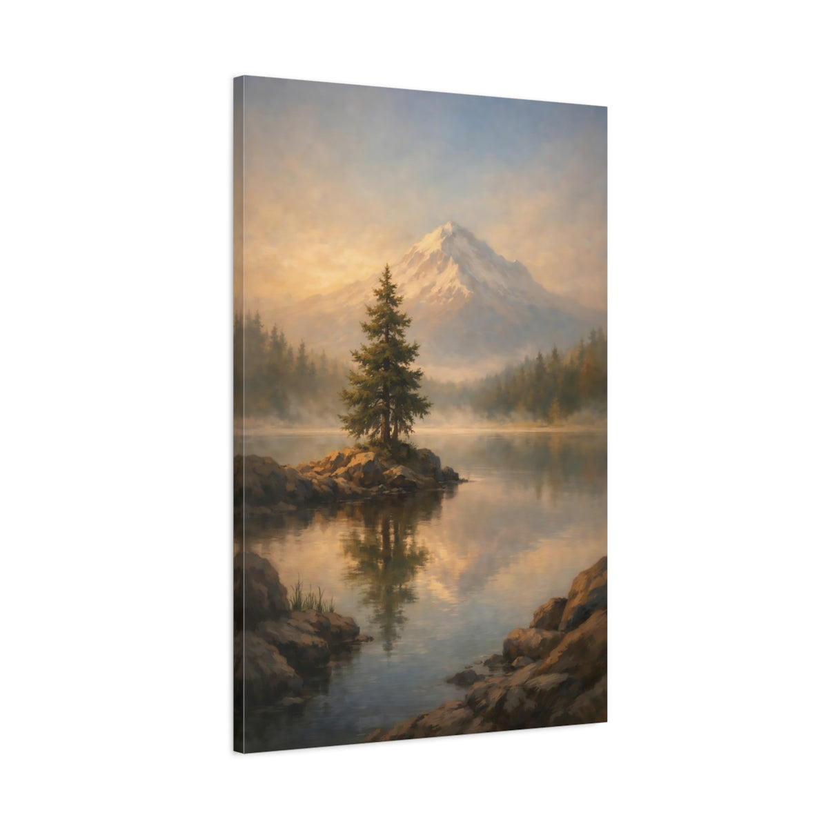 Side Mockup 1. Nature Mountain Landscape Golden Mountain Lake shown as stretched canvas wall art