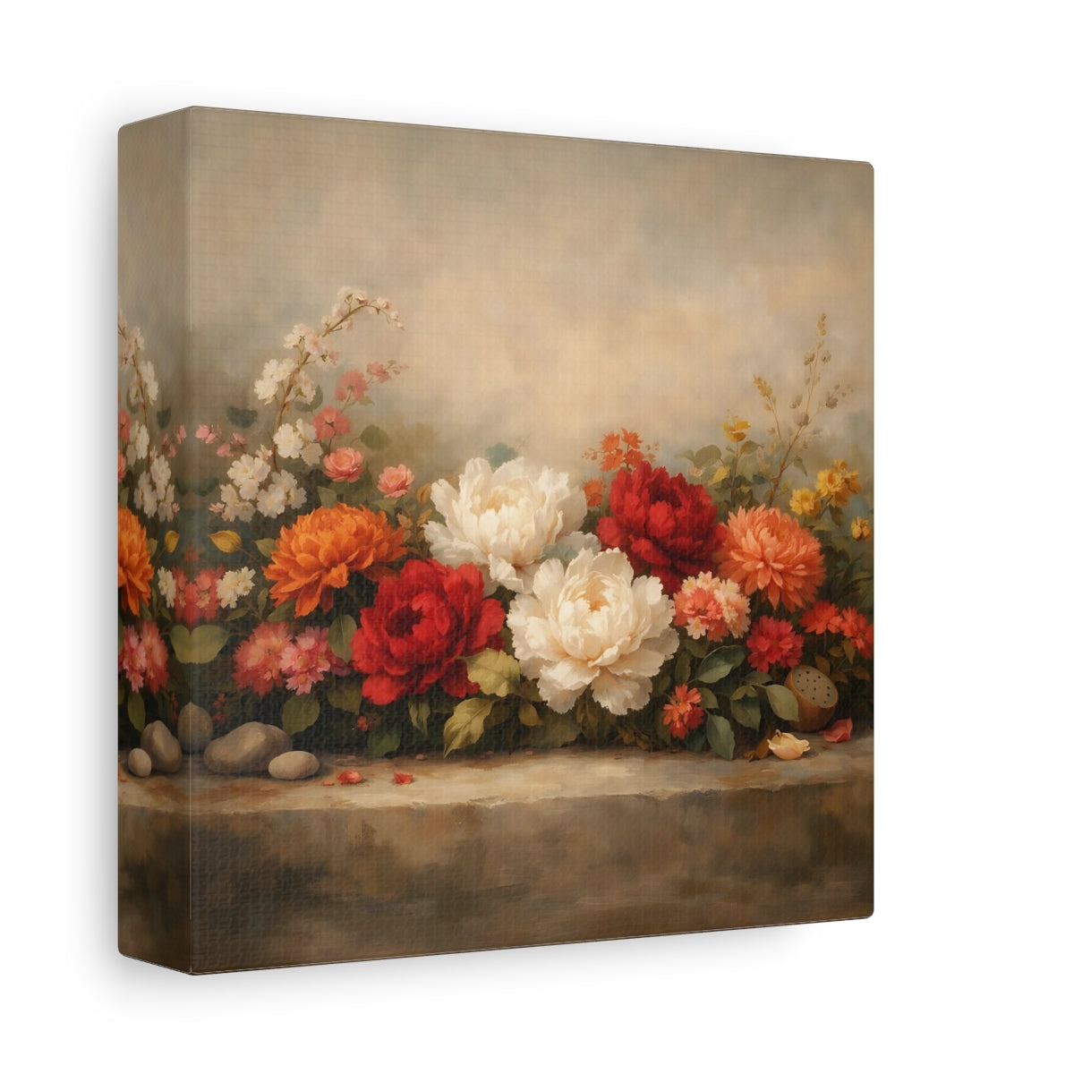 Side Mockup 1. Floral Peonies Floral Still Life shown as stretched canvas wall art