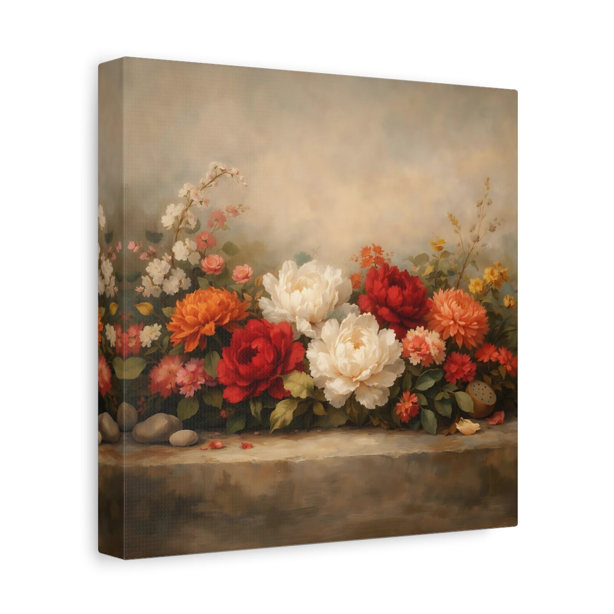 Side Mockup 9. Floral Peonies Floral Still Life shown as stretched canvas wall art