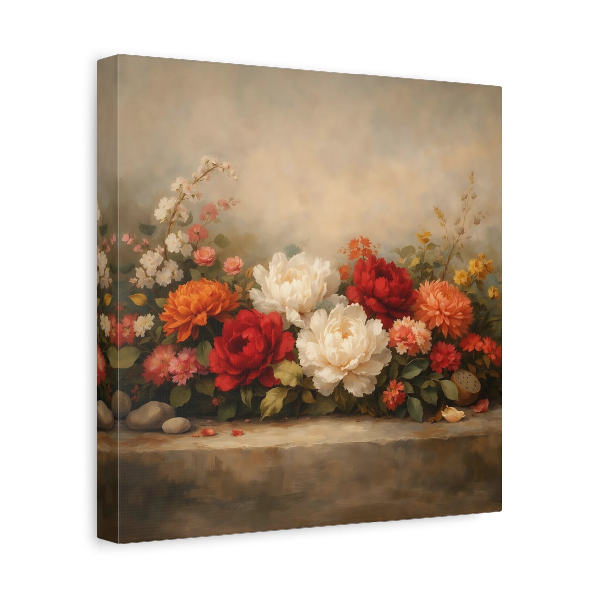 Side Mockup 8. Floral Peonies Floral Still Life shown as stretched canvas wall art