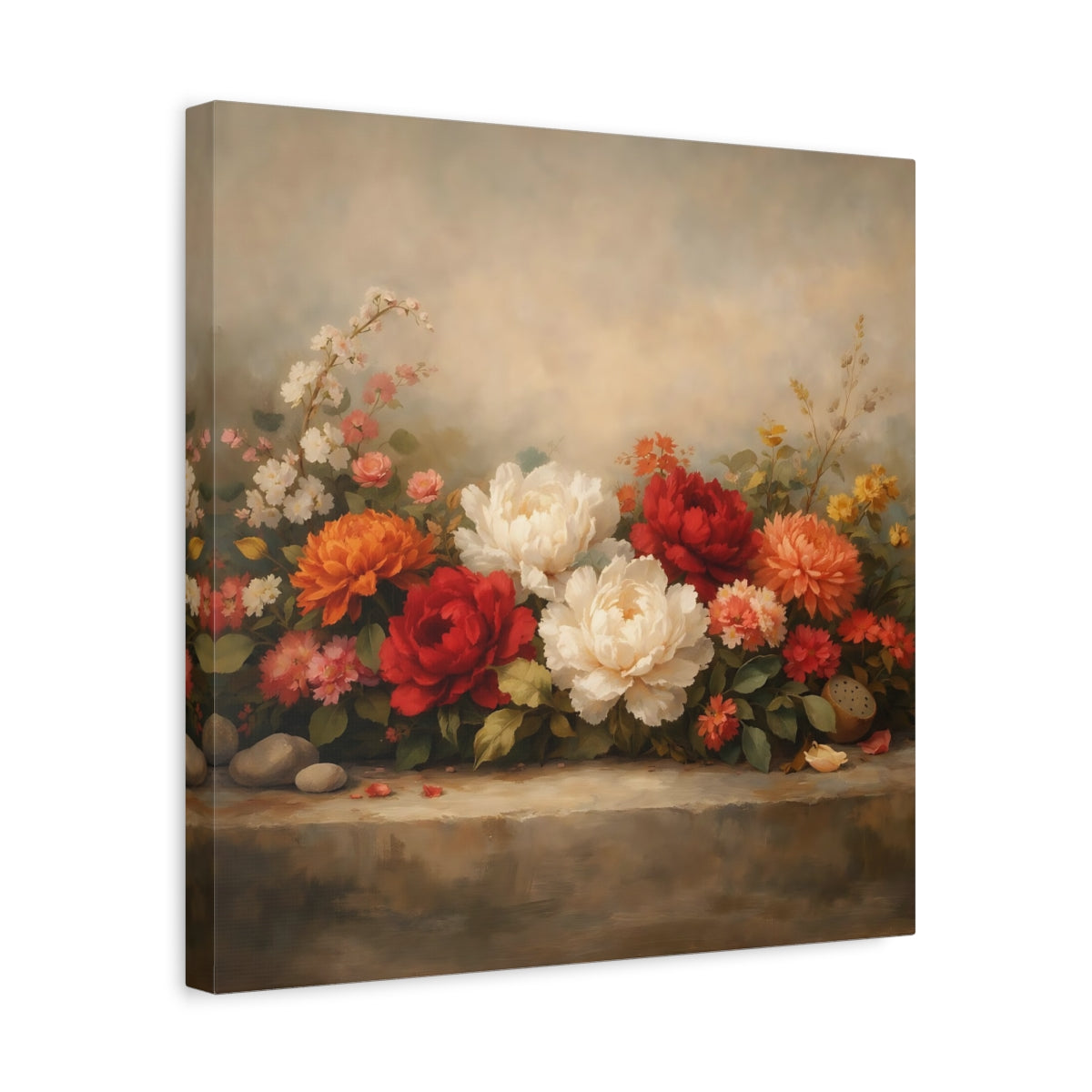 Side Mockup 6. Floral Peonies Floral Still Life shown as stretched canvas wall art