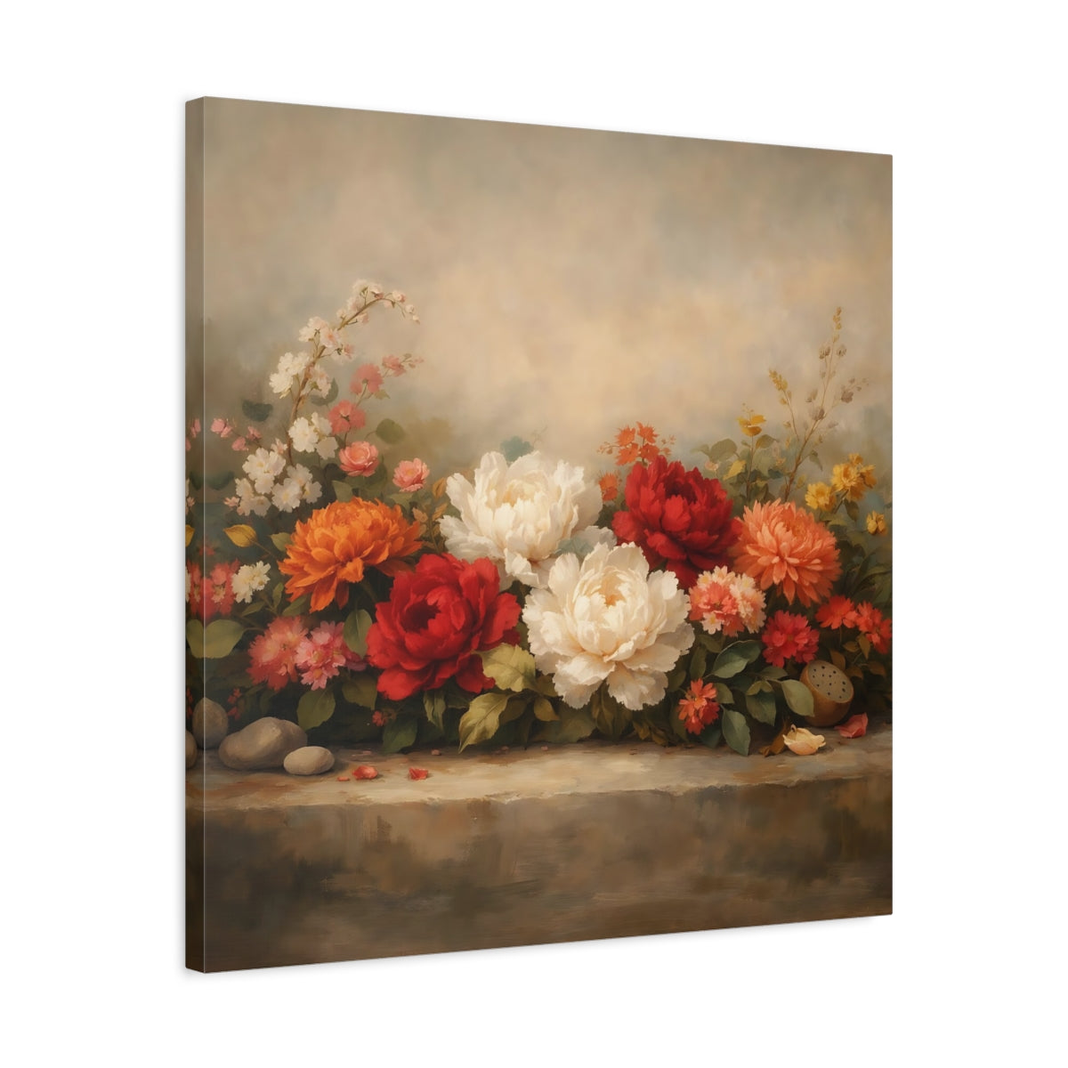 Side Mockup 4. Floral Peonies Floral Still Life shown as stretched canvas wall art