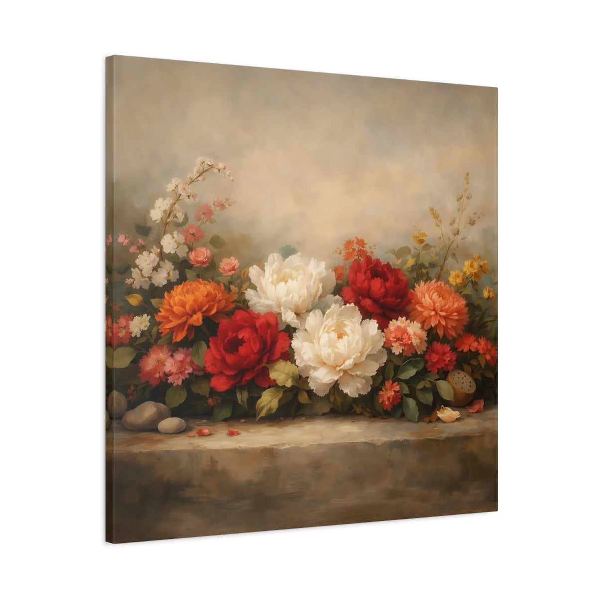 Side Mockup 3. Floral Peonies Floral Still Life shown as stretched canvas wall art