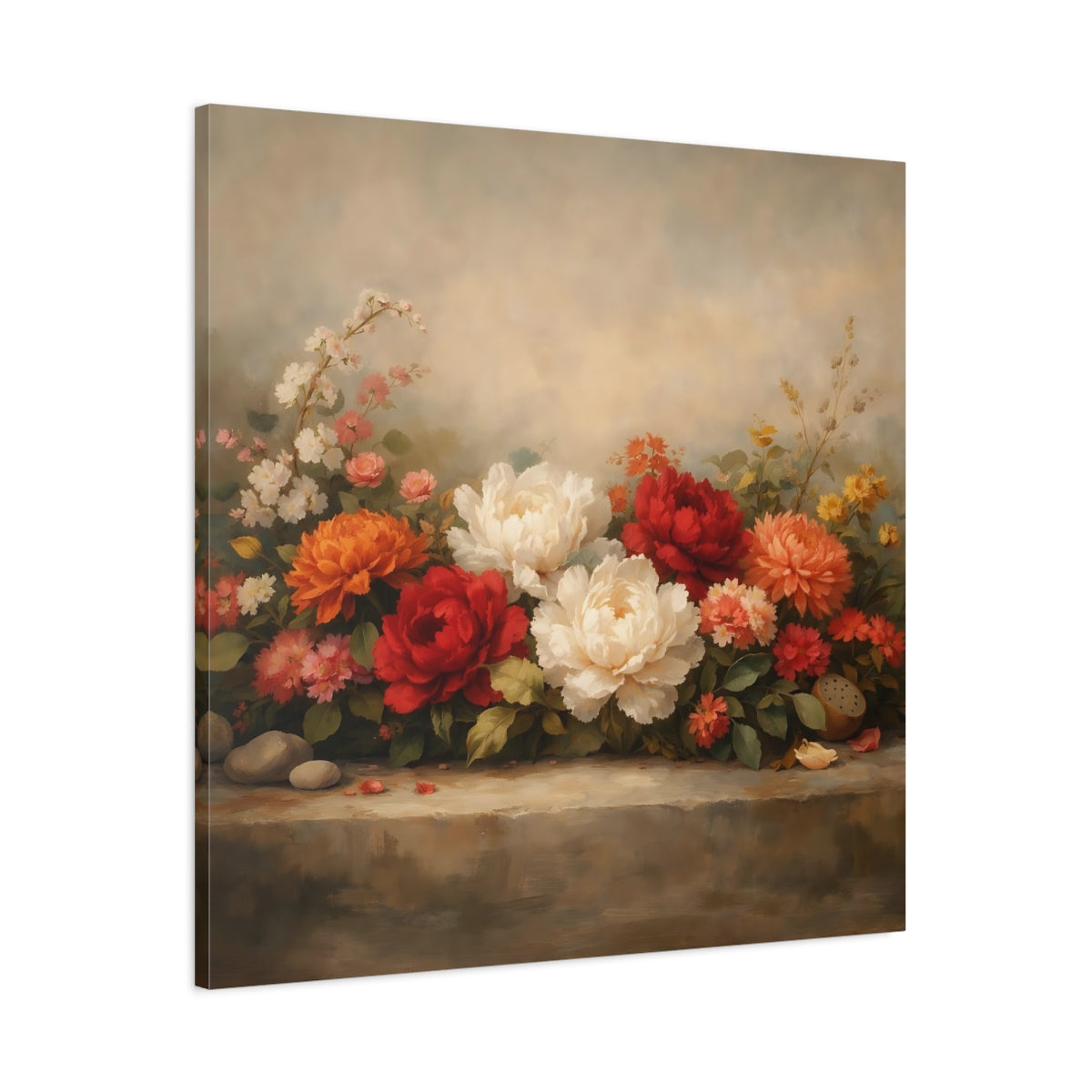 Side Mockup 2. Floral Peonies Floral Still Life shown as stretched canvas wall art
