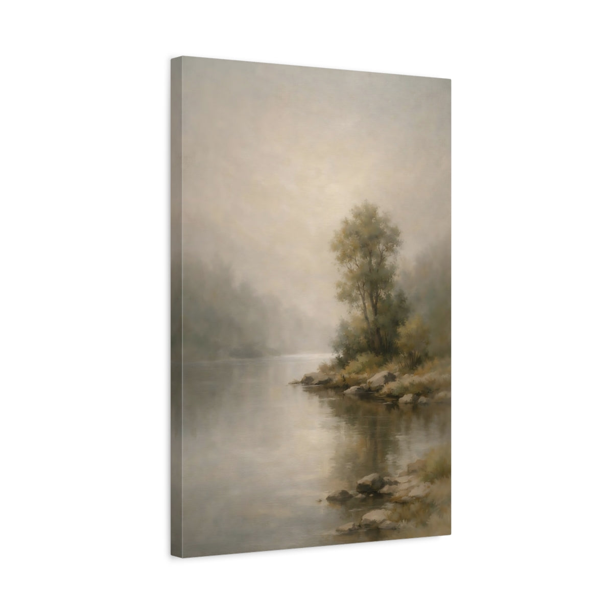 Side Mockup 3. Nature River Landscape Misty River Landscape shown as stretched canvas wall art