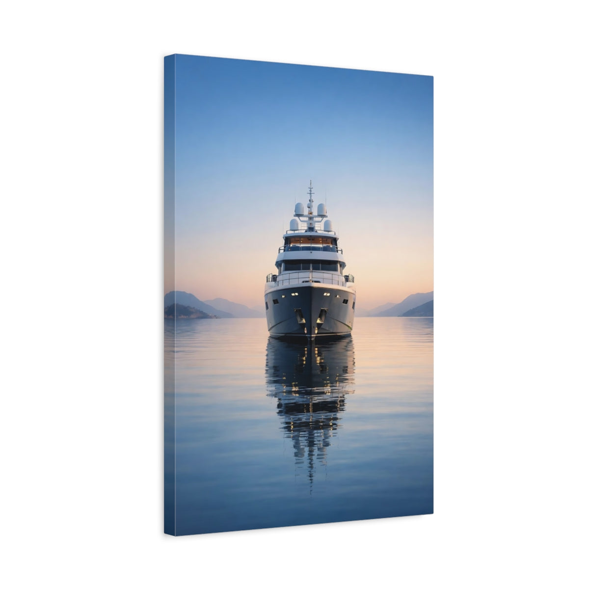 Side Mockup 3. Nature Yacht Blue And Orange shown as stretched canvas wall art