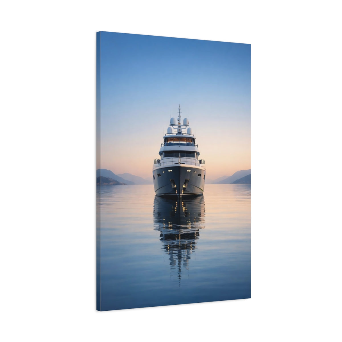Side Mockup 1. Nature Yacht Blue And Orange shown as stretched canvas wall art