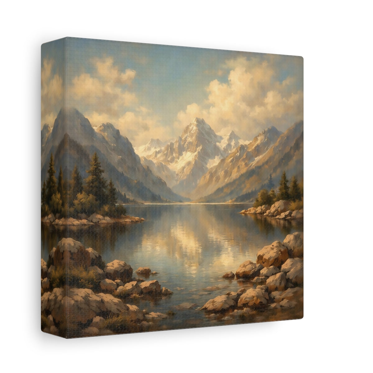 Side Mockup 1. Nature Mountain Lake Mountain Lake Gold shown as stretched canvas wall art