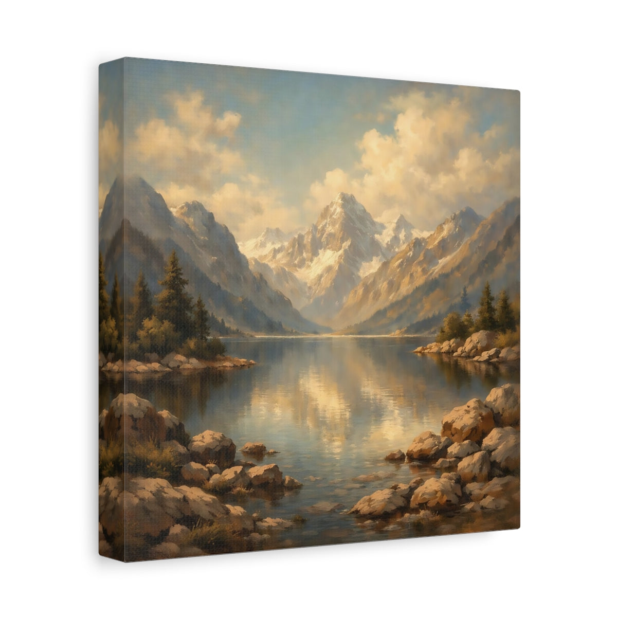 Side Mockup 9. Nature Mountain Lake Mountain Lake Gold shown as stretched canvas wall art