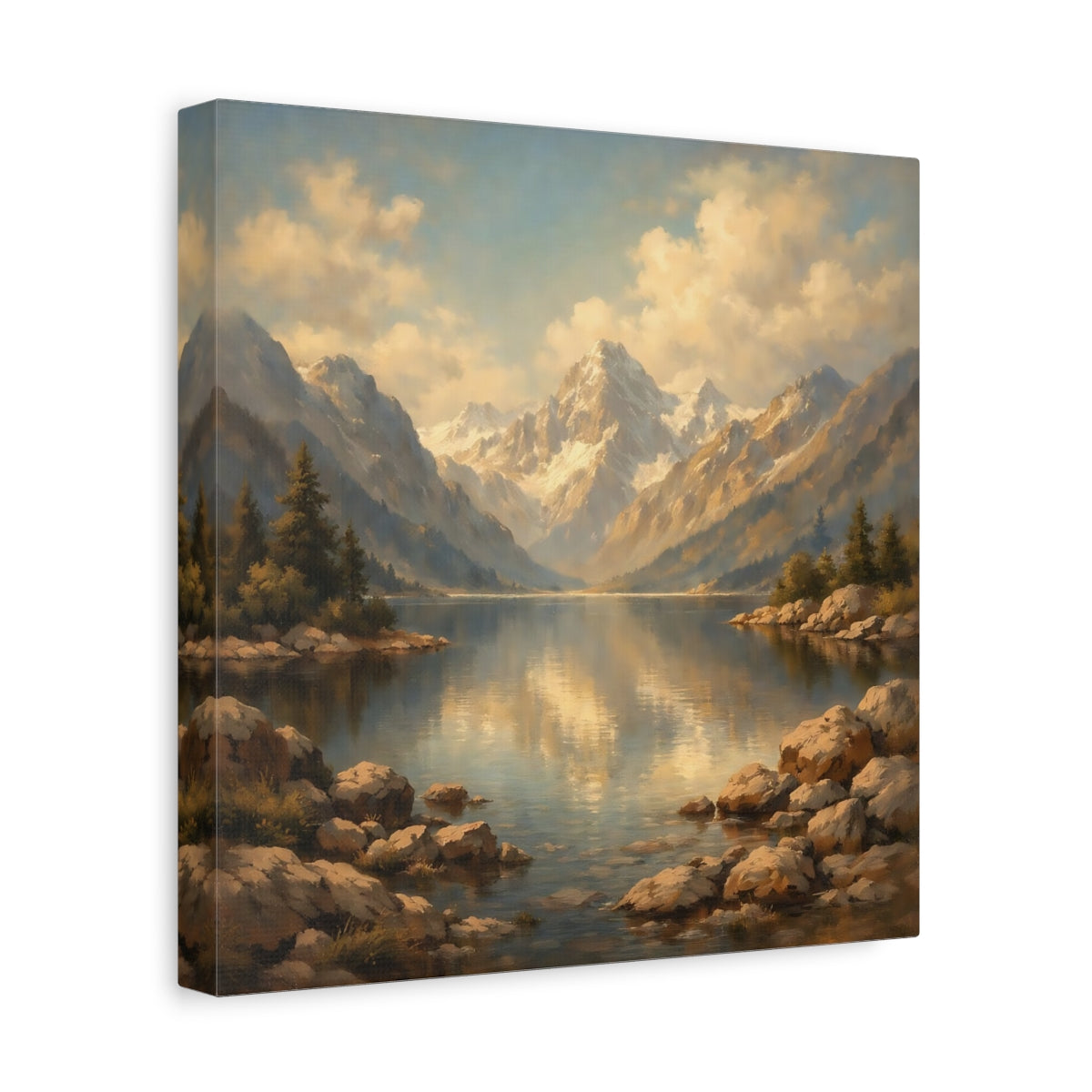 Side Mockup 8. Nature Mountain Lake Mountain Lake Gold shown as stretched canvas wall art