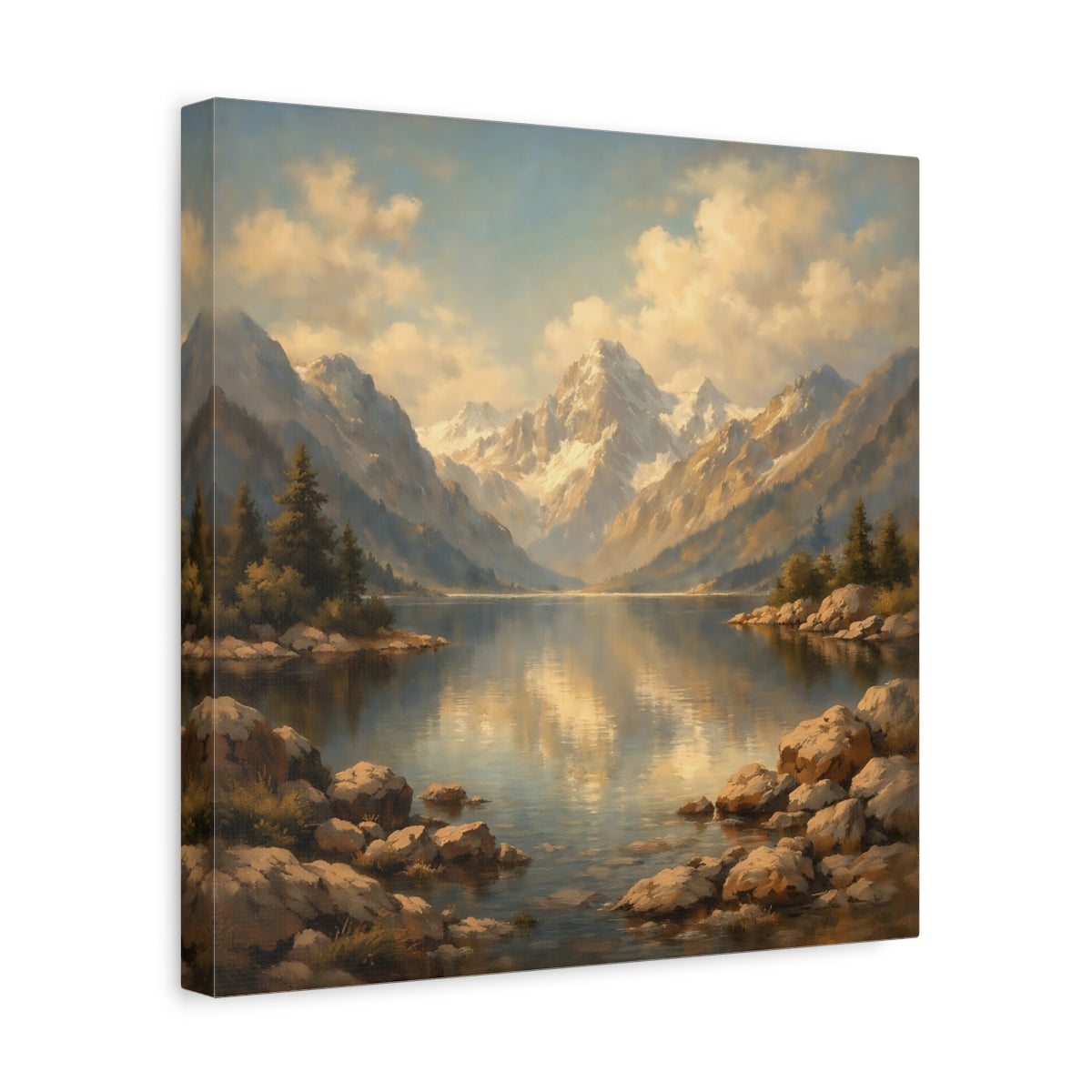 Side Mockup 7. Nature Mountain Lake Mountain Lake Gold shown as stretched canvas wall art
