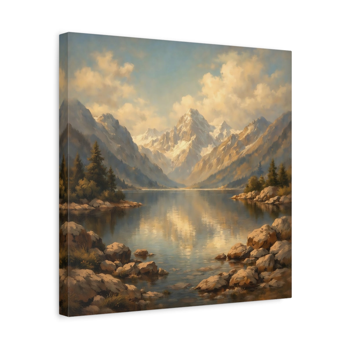 Side Mockup 6. Nature Mountain Lake Mountain Lake Gold shown as stretched canvas wall art