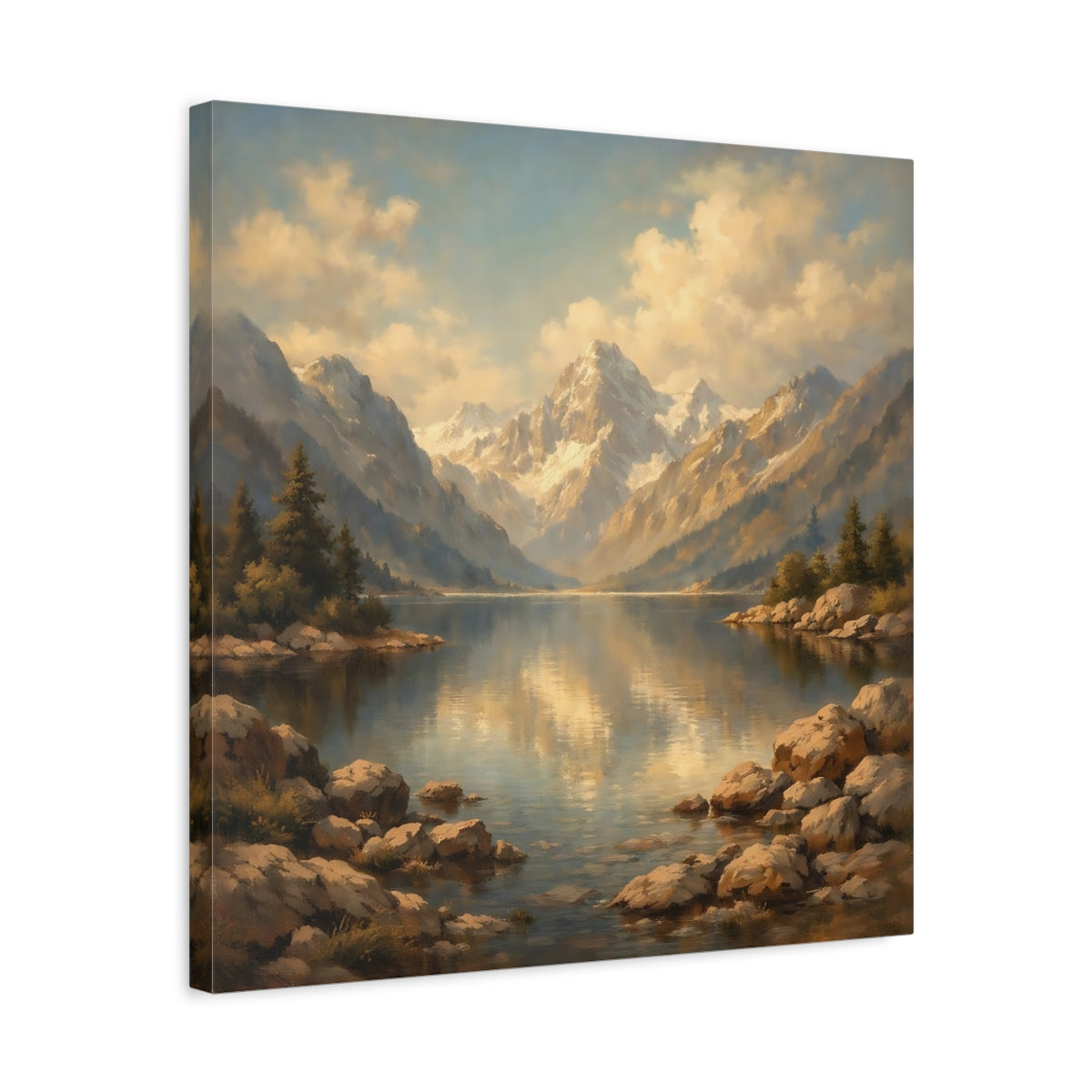 Side Mockup 5. Nature Mountain Lake Mountain Lake Gold shown as stretched canvas wall art