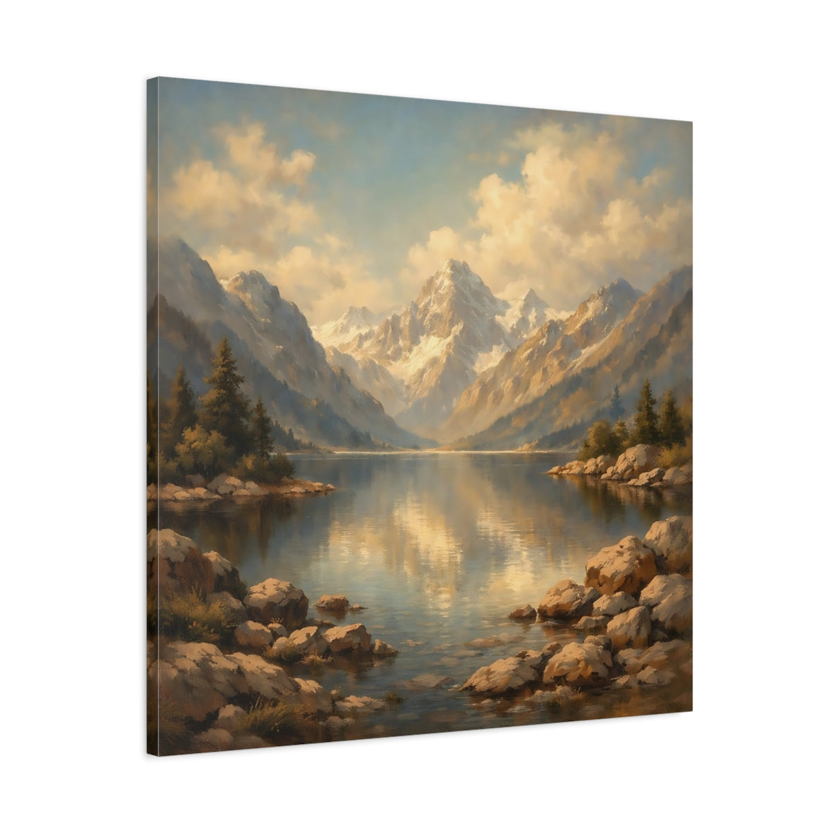 Side Mockup 3. Nature Mountain Lake Mountain Lake Gold shown as stretched canvas wall art