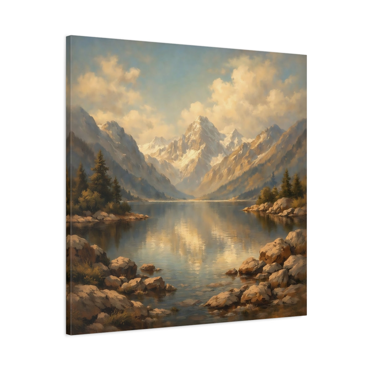 Side Mockup 2. Nature Mountain Lake Mountain Lake Gold shown as stretched canvas wall art