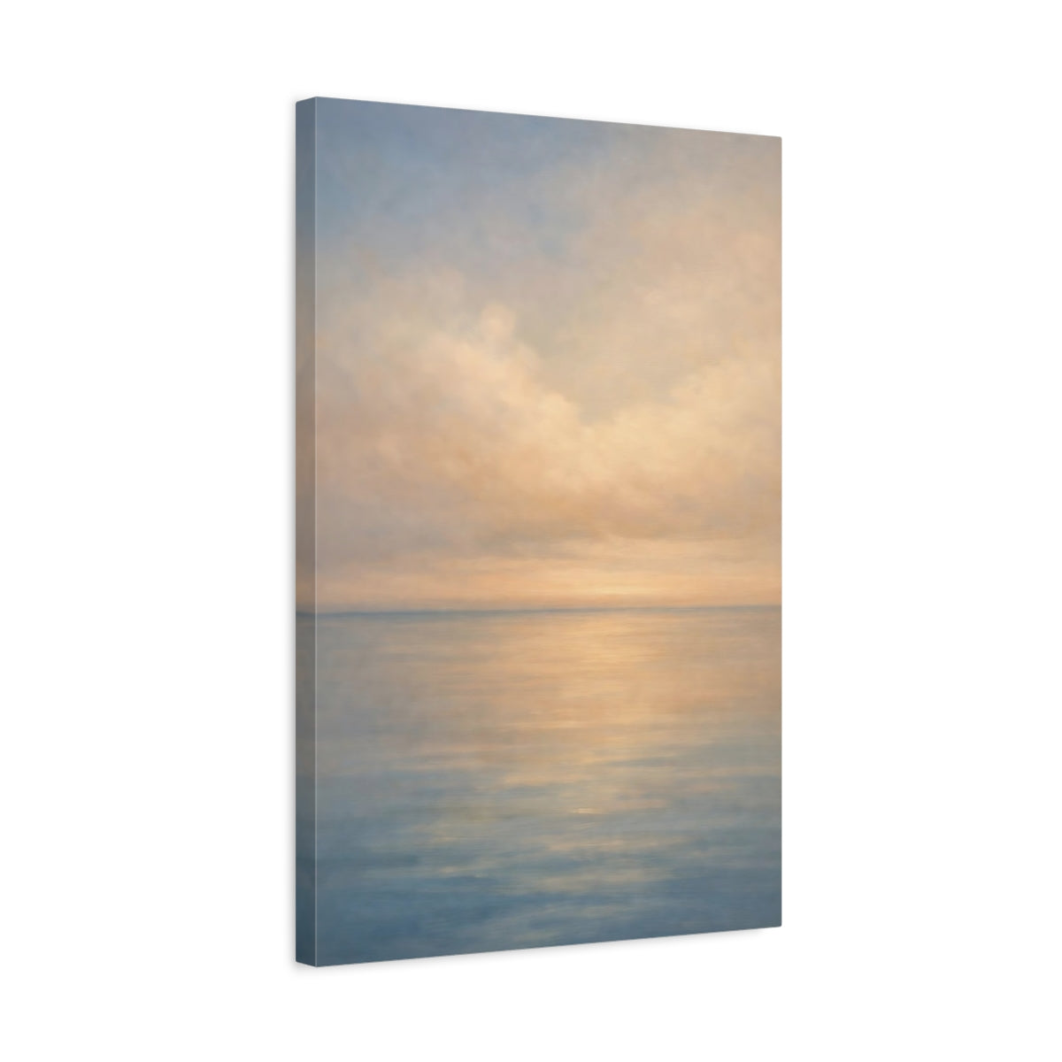 Side Mockup 3. Nature Seascape Soft Blue Orange Seascape shown as stretched canvas wall art