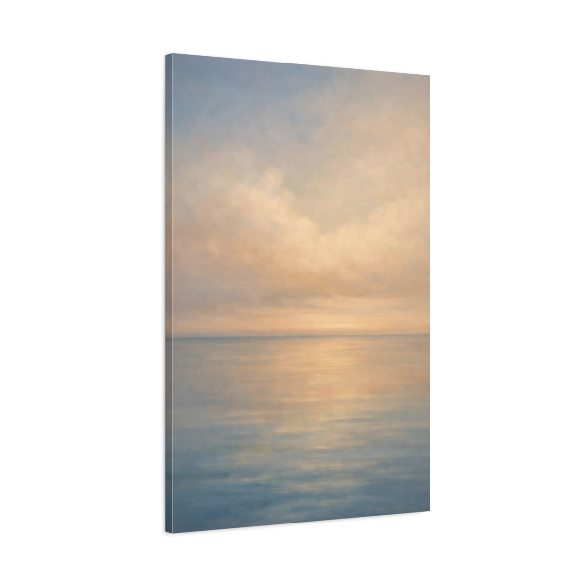 Side Mockup 1. Nature Seascape Soft Blue Orange Seascape shown as stretched canvas wall art