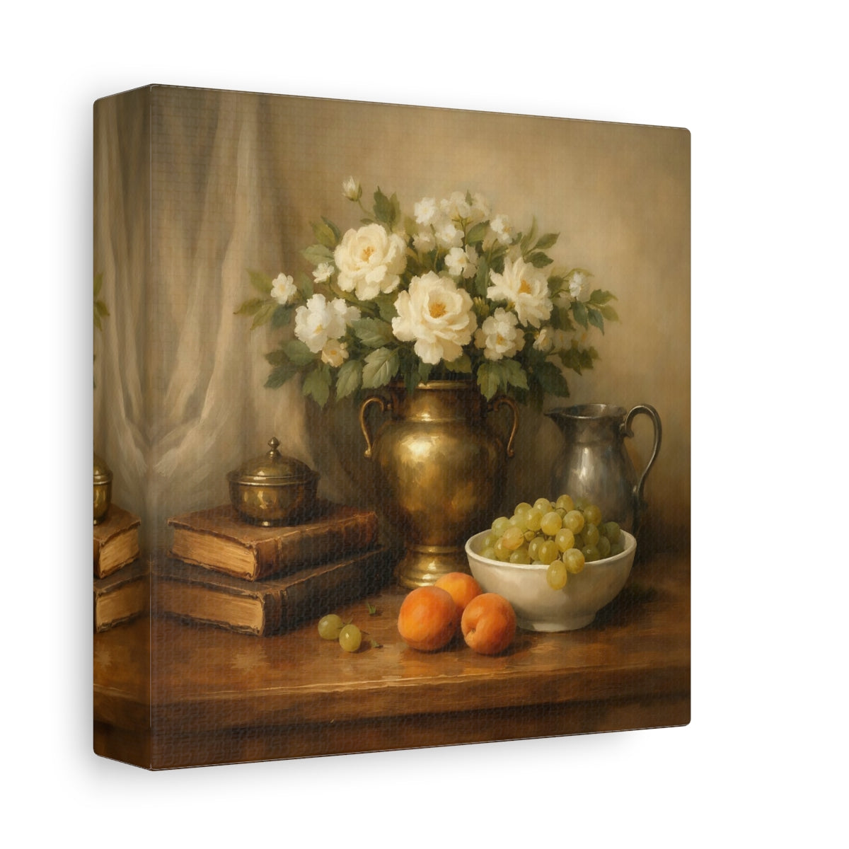 Side Mockup 1. Floral White Roses Gold And Cream shown as stretched canvas wall art