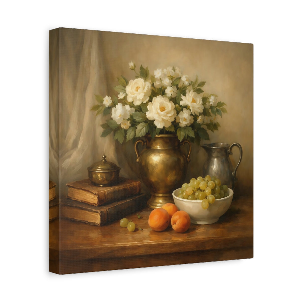 Side Mockup 8. Floral White Roses Gold And Cream shown as stretched canvas wall art