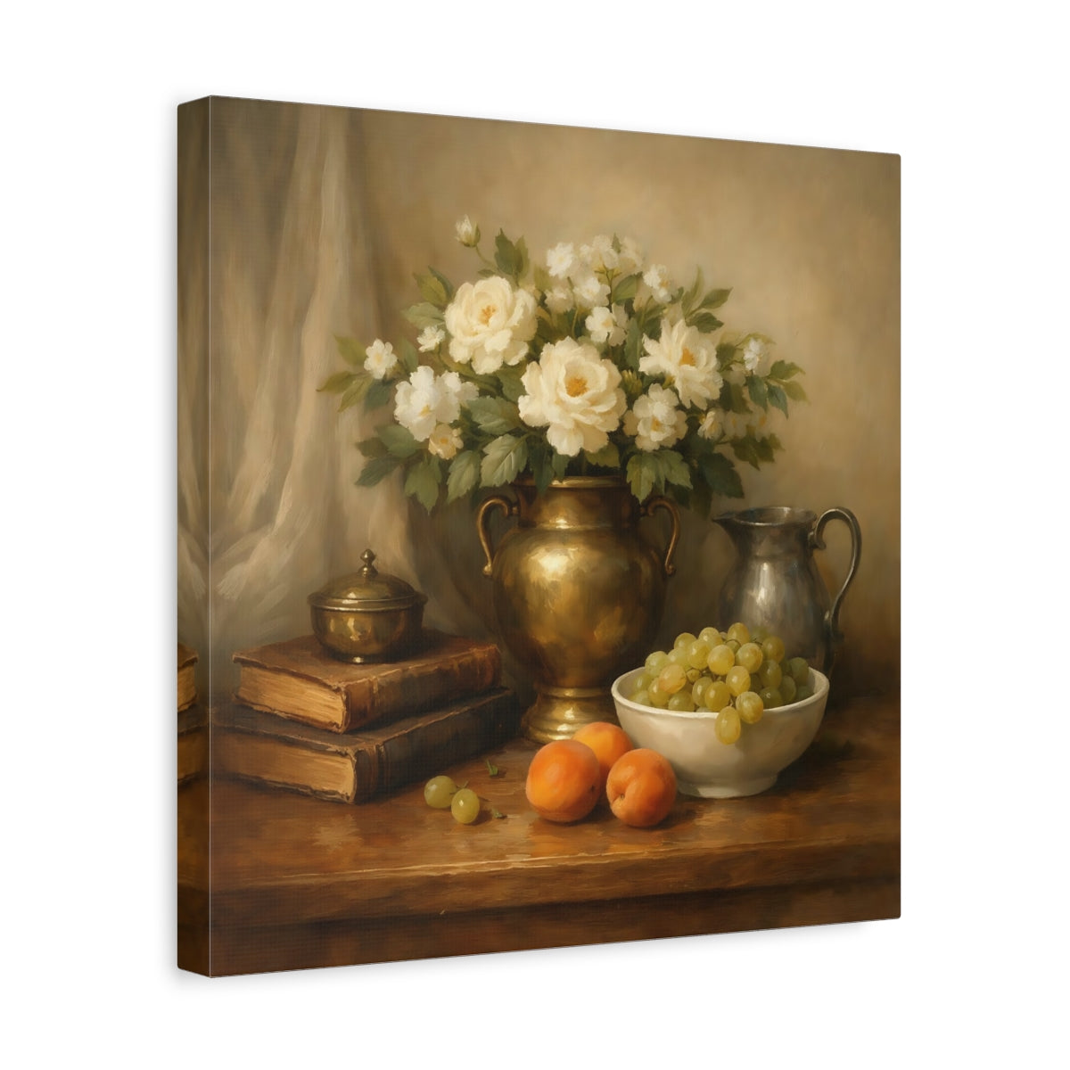 Side Mockup 7. Floral White Roses Gold And Cream shown as stretched canvas wall art