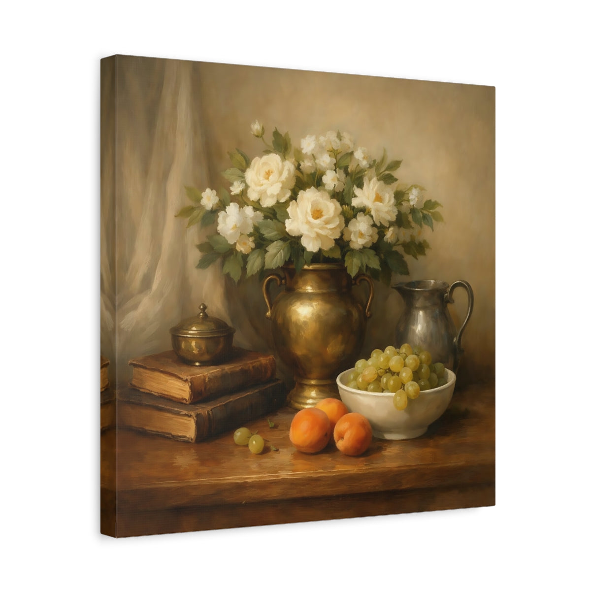 Side Mockup 6. Floral White Roses Gold And Cream shown as stretched canvas wall art