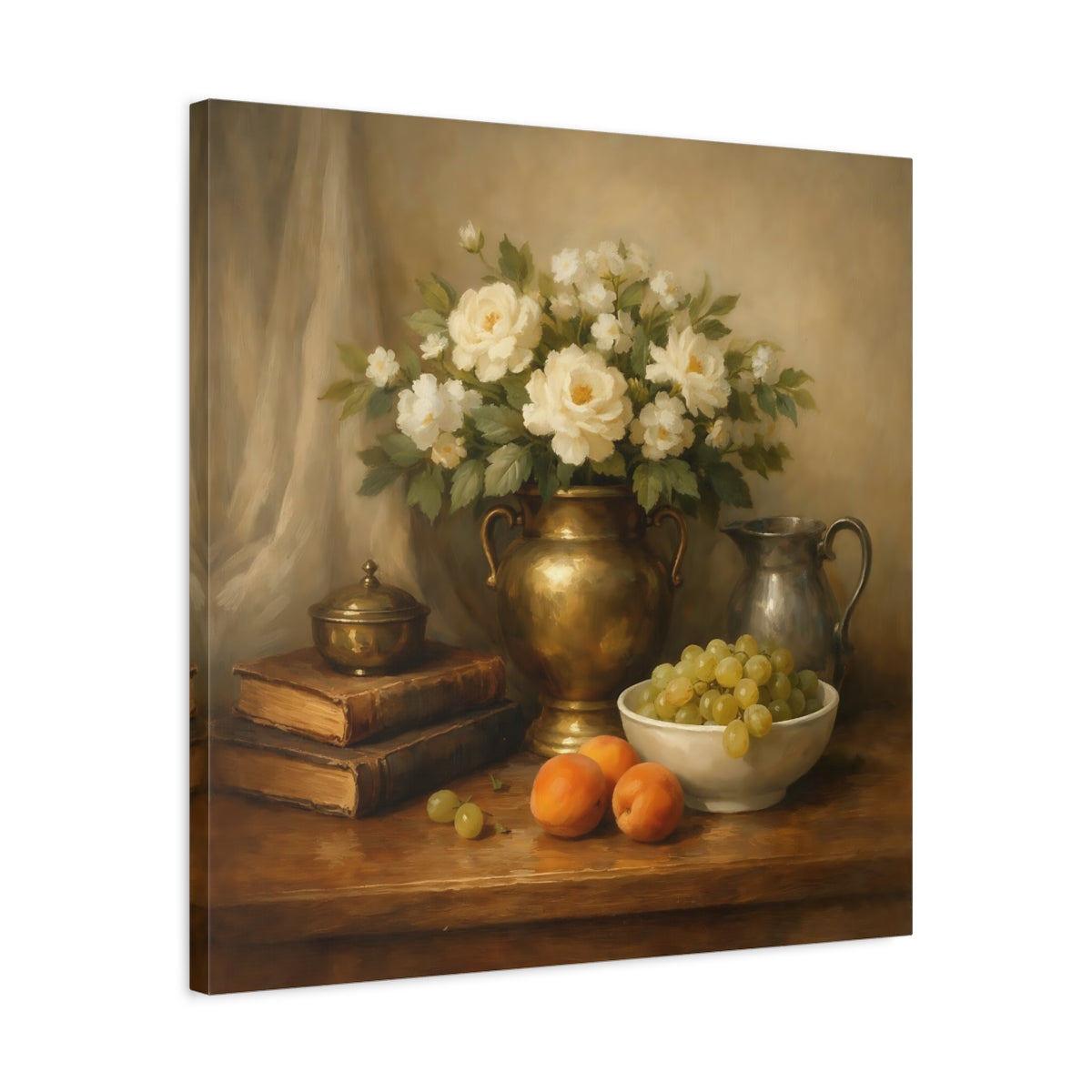Side Mockup 4. Floral White Roses Gold And Cream shown as stretched canvas wall art