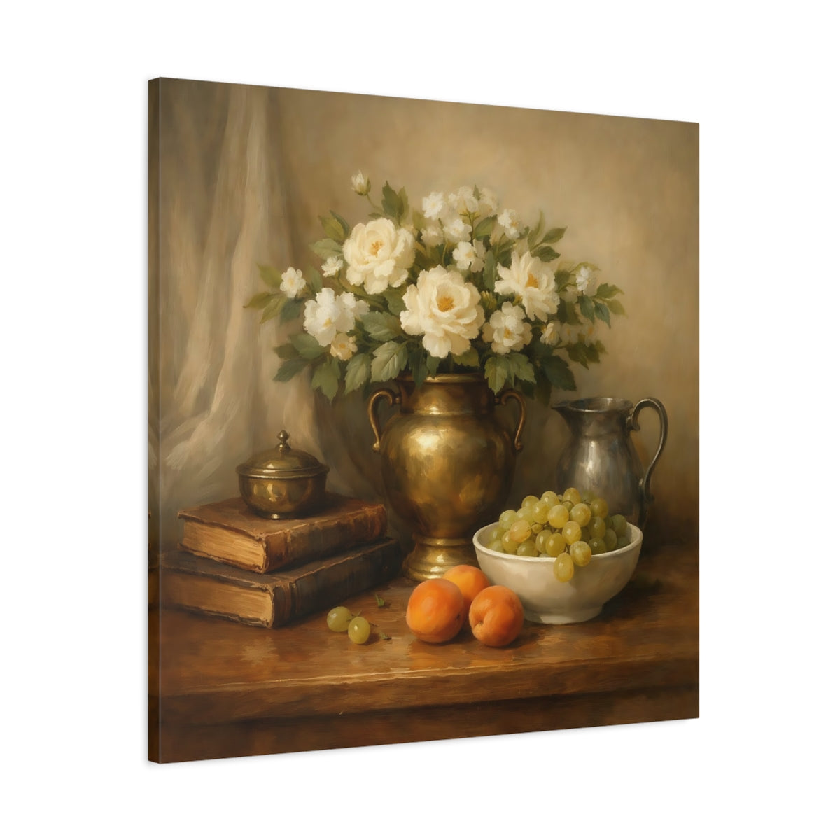 Side Mockup 3. Floral White Roses Gold And Cream shown as stretched canvas wall art