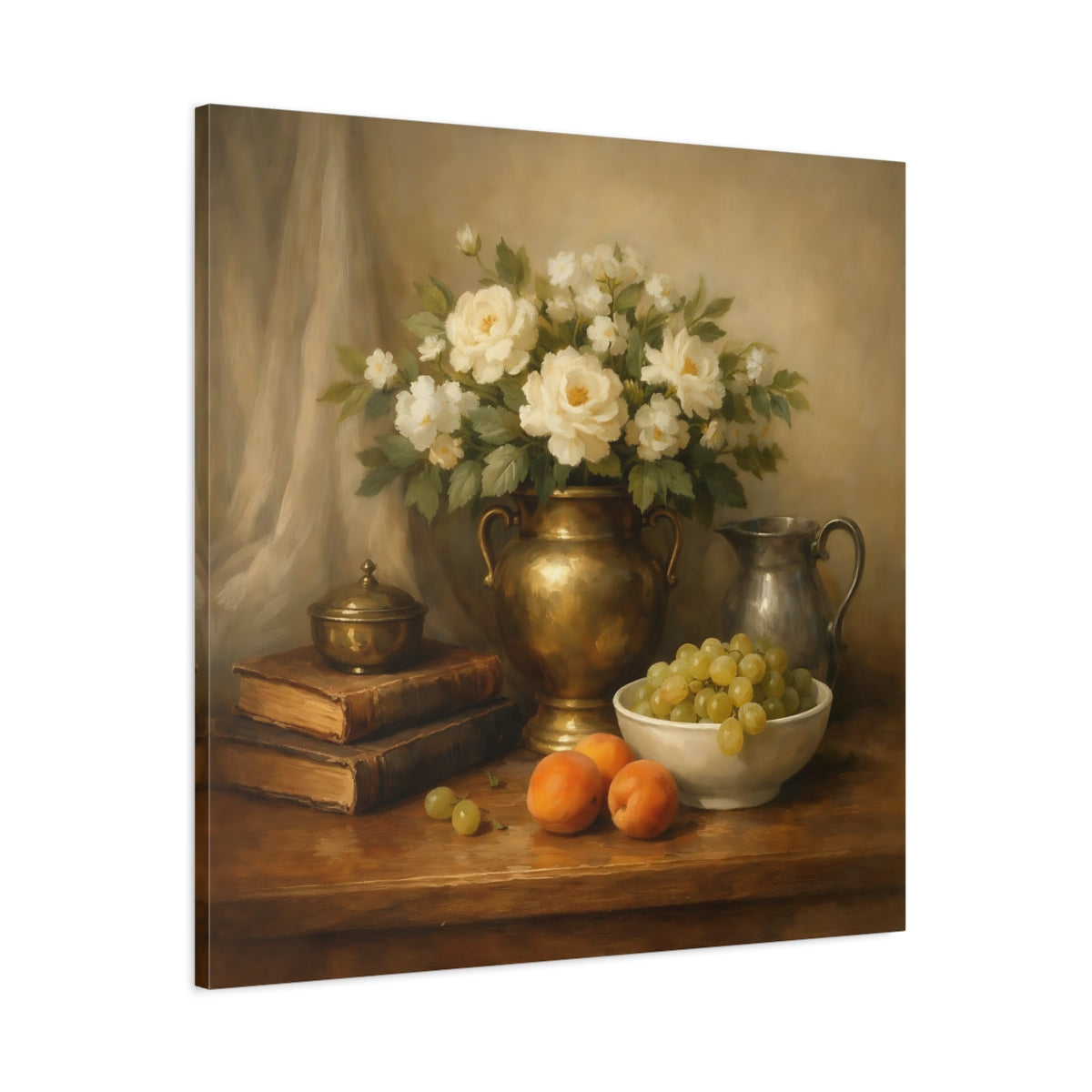 Side Mockup 2. Floral White Roses Gold And Cream shown as stretched canvas wall art