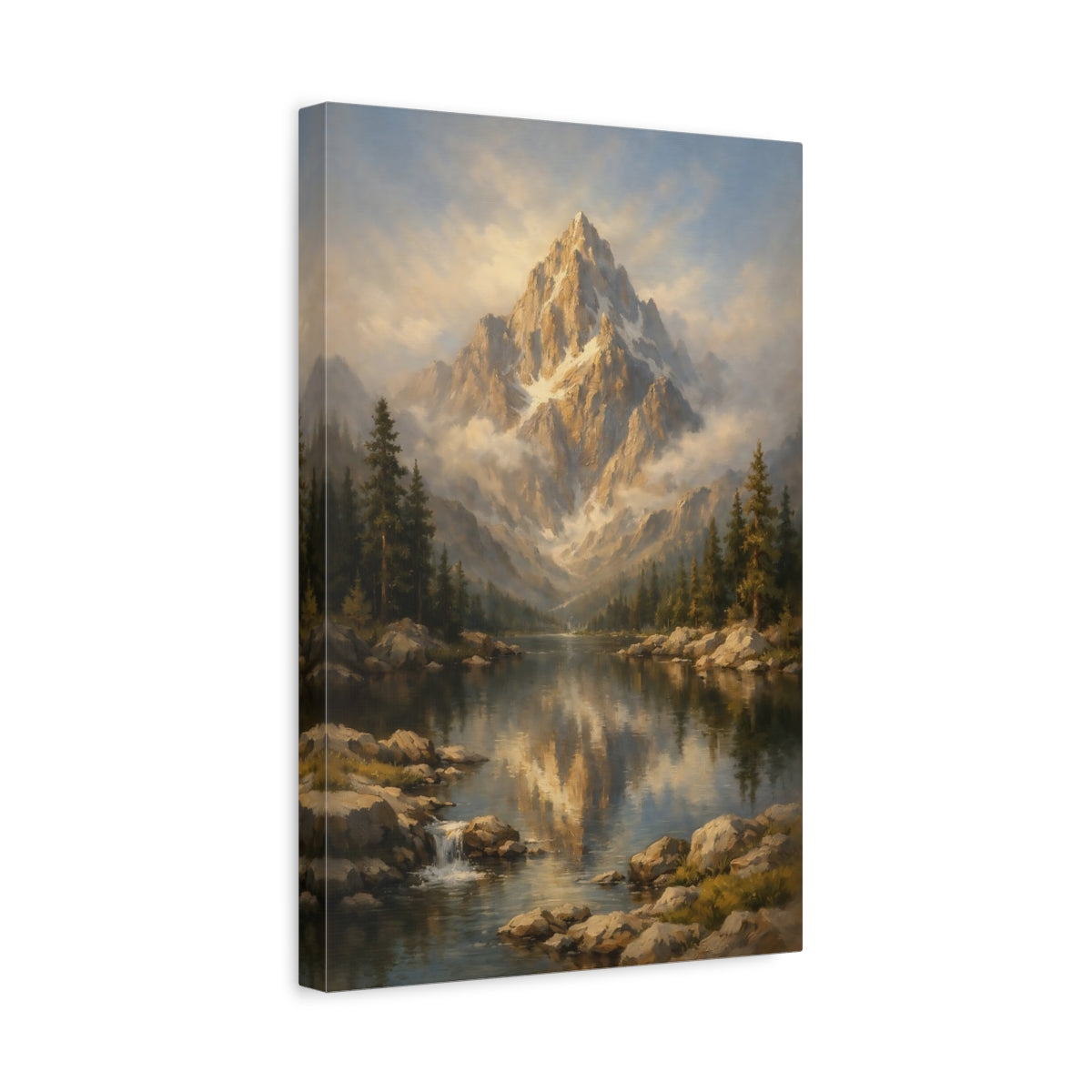 Side Mockup 4. Nature Mountain Lake Golden Mountain Lake shown as stretched canvas wall art