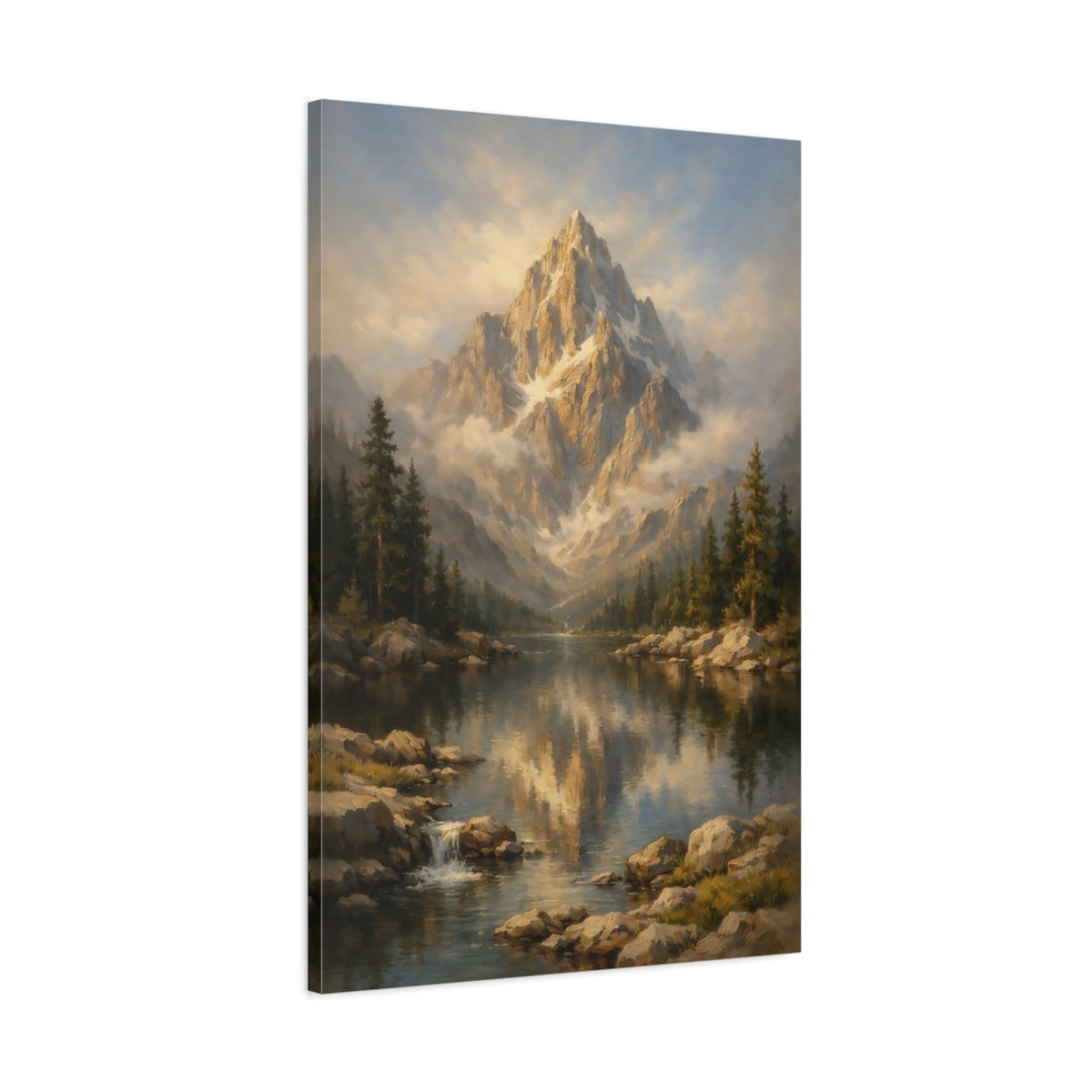 Side Mockup 1. Nature Mountain Lake Golden Mountain Lake shown as stretched canvas wall art