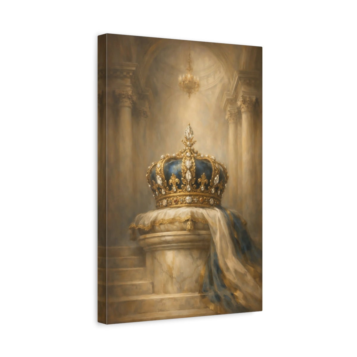 Side Mockup 4. Vintage Royal Crown Gold And Blue shown as stretched canvas wall art