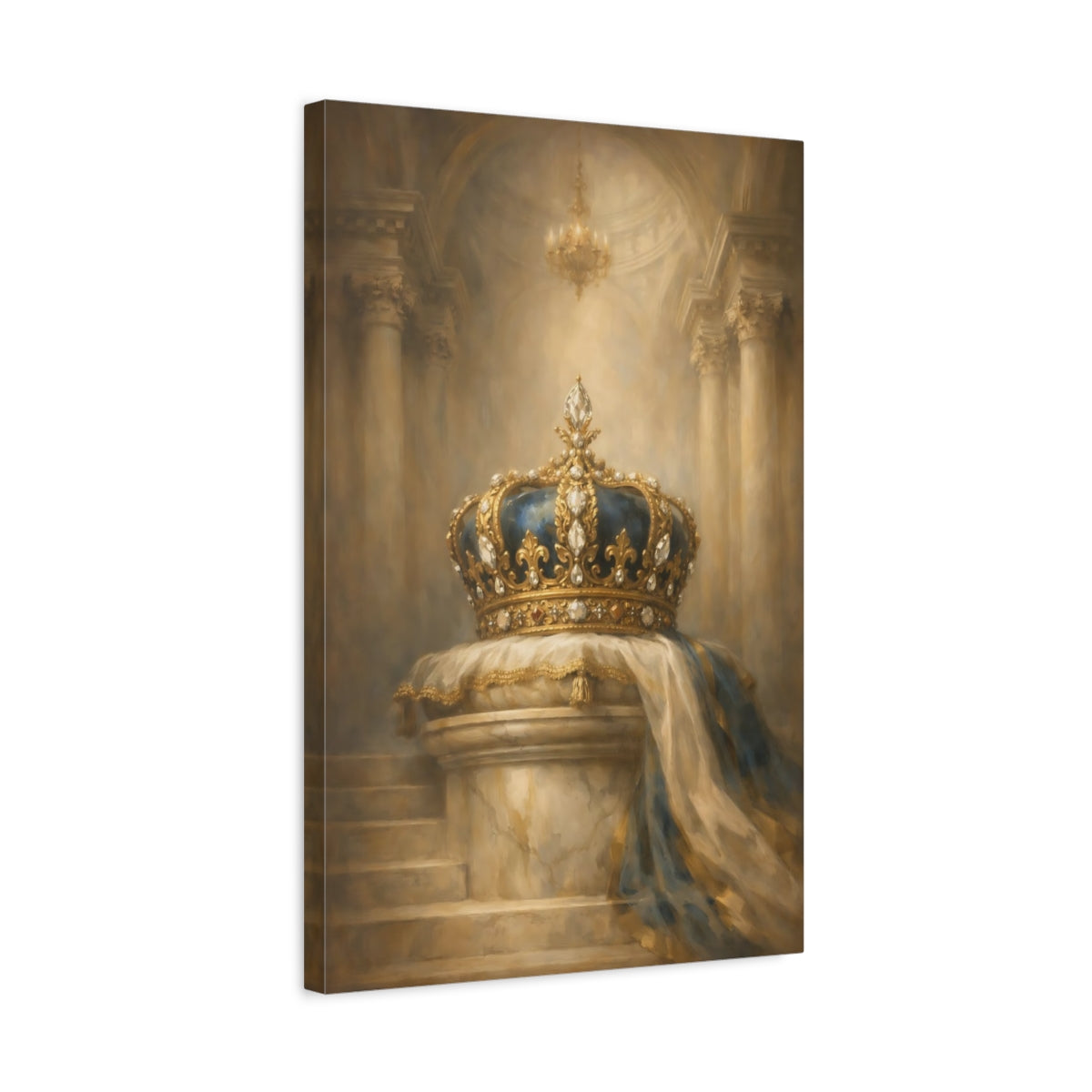 Side Mockup 3. Vintage Royal Crown Gold And Blue shown as stretched canvas wall art
