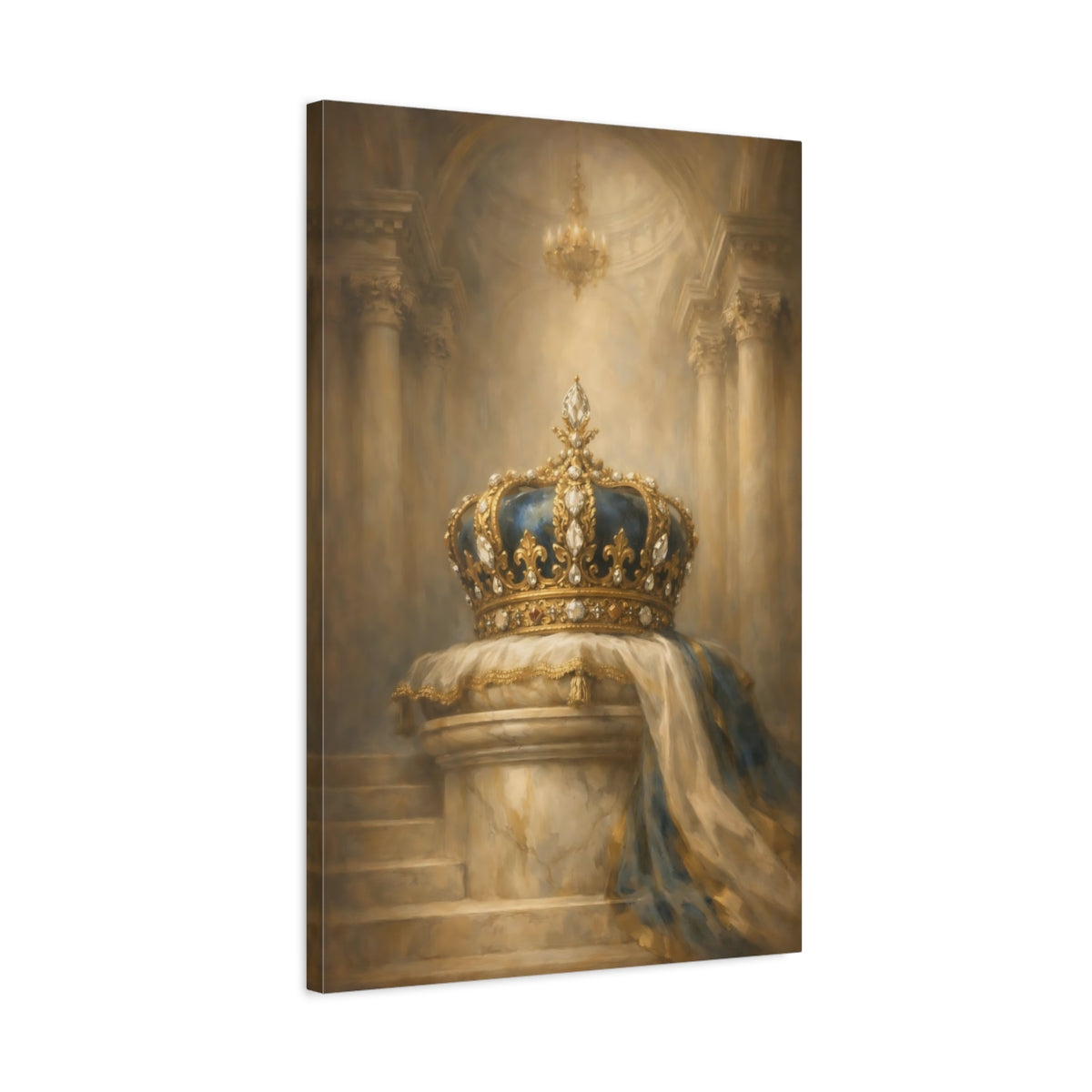 Side Mockup 2. Vintage Royal Crown Gold And Blue shown as stretched canvas wall art