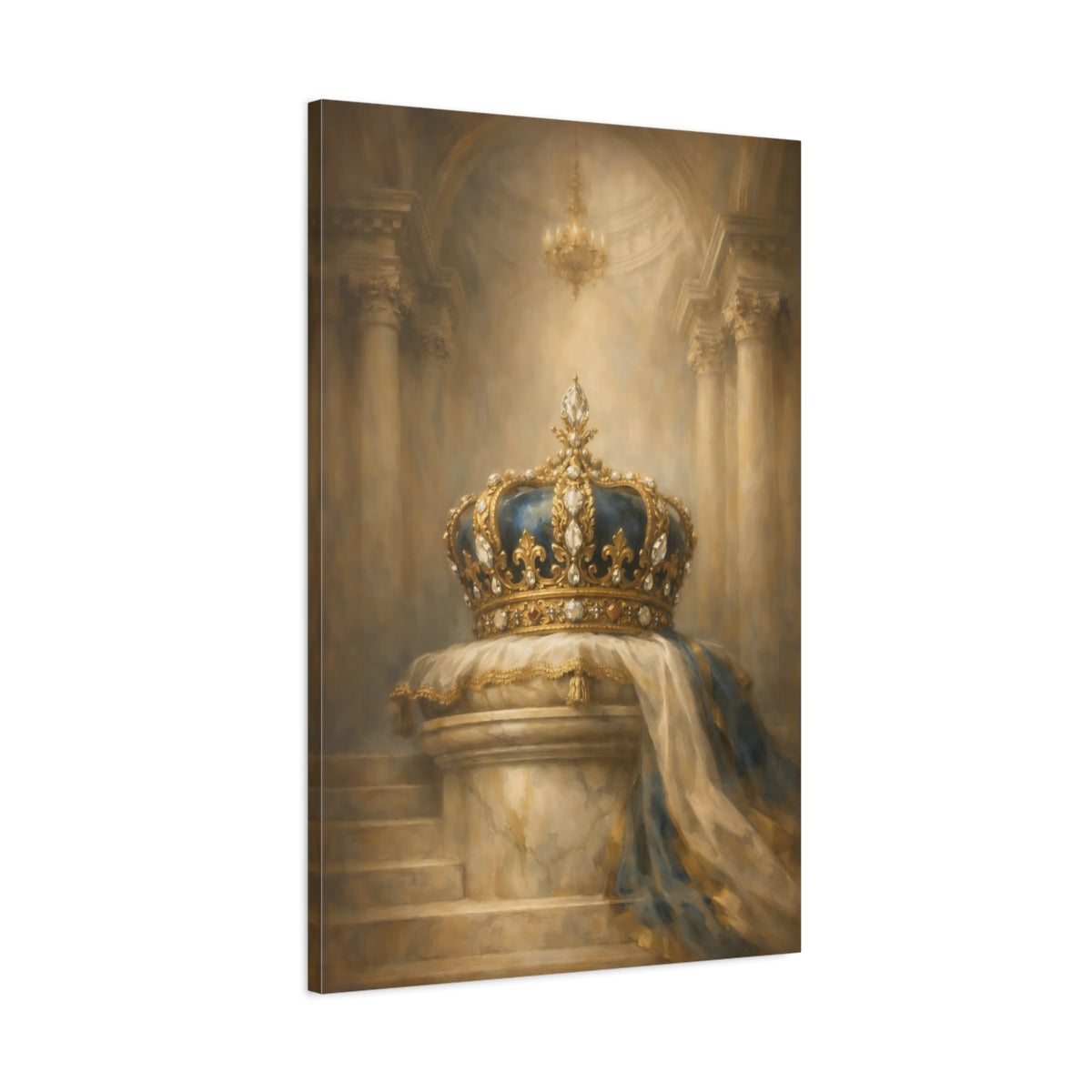 Side Mockup 1. Vintage Royal Crown Gold And Blue shown as stretched canvas wall art