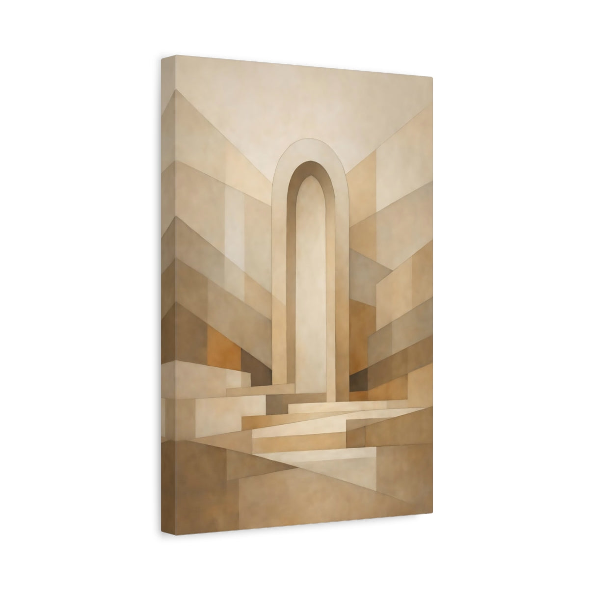 Side Mockup 4. Abstract Archway Beige And Brown shown as stretched canvas wall art
