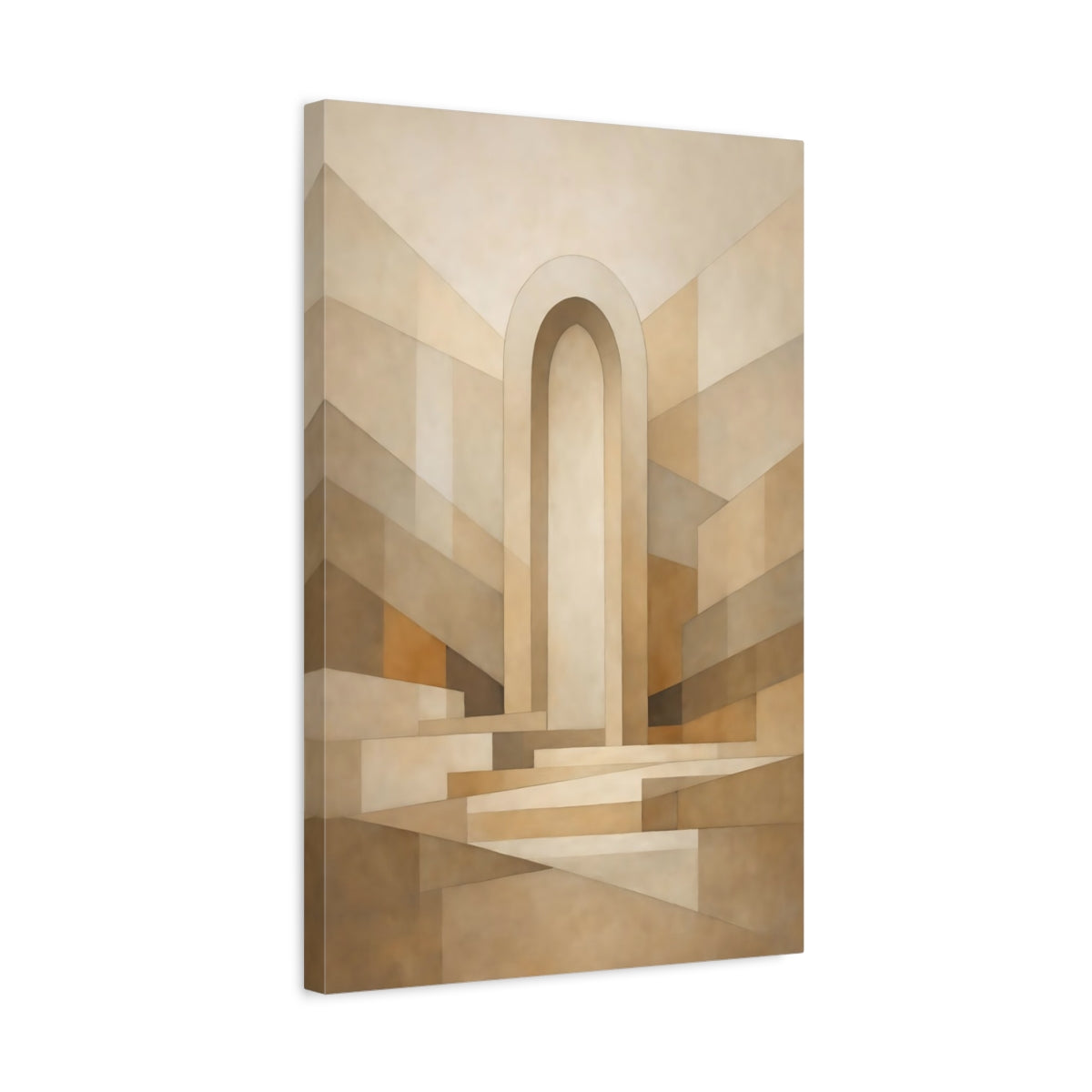 Side Mockup 3. Abstract Archway Beige And Brown shown as stretched canvas wall art