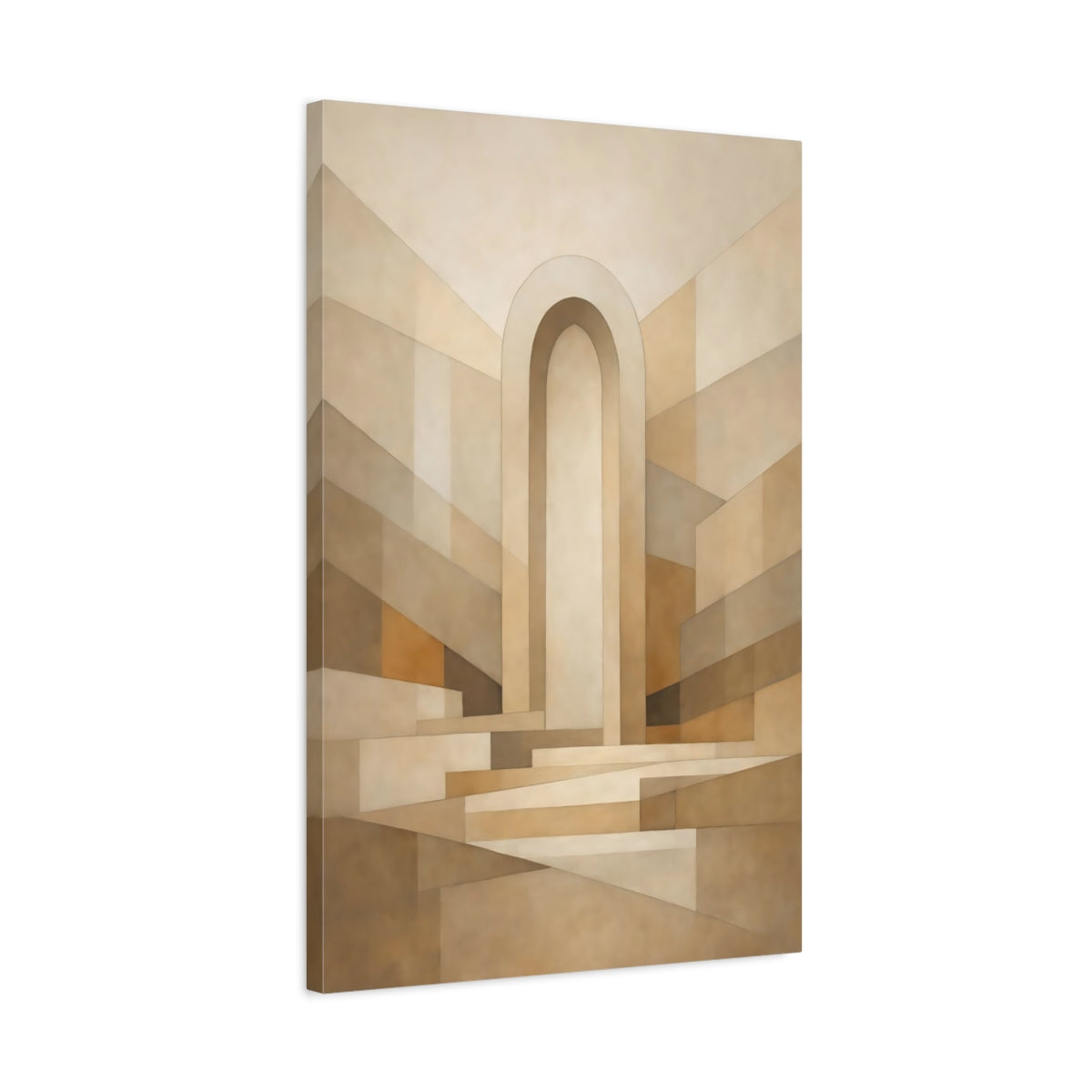 Side Mockup 2. Abstract Archway Beige And Brown shown as stretched canvas wall art