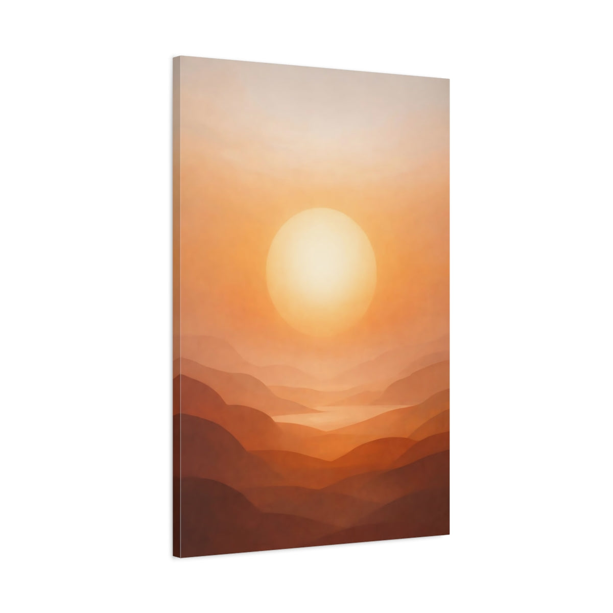 Side Mockup 1. Nature Sunset Mountains Orange Sunset Hills shown as stretched canvas wall art