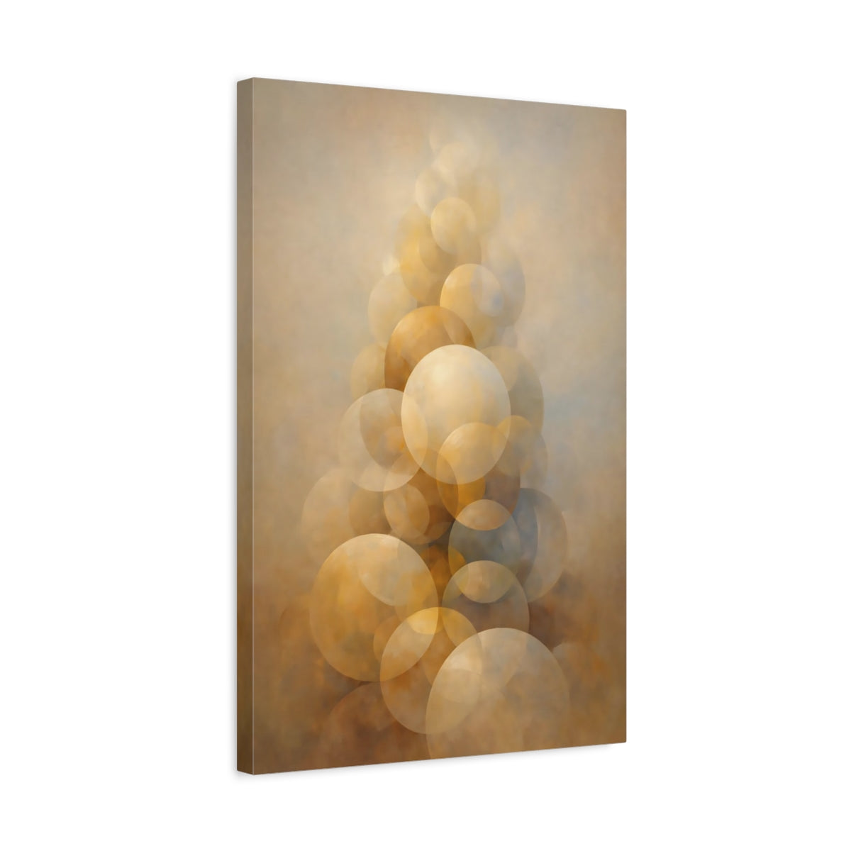 Side Mockup 3. Abstract Abstract Spheres Brown And Gold shown as stretched canvas wall art
