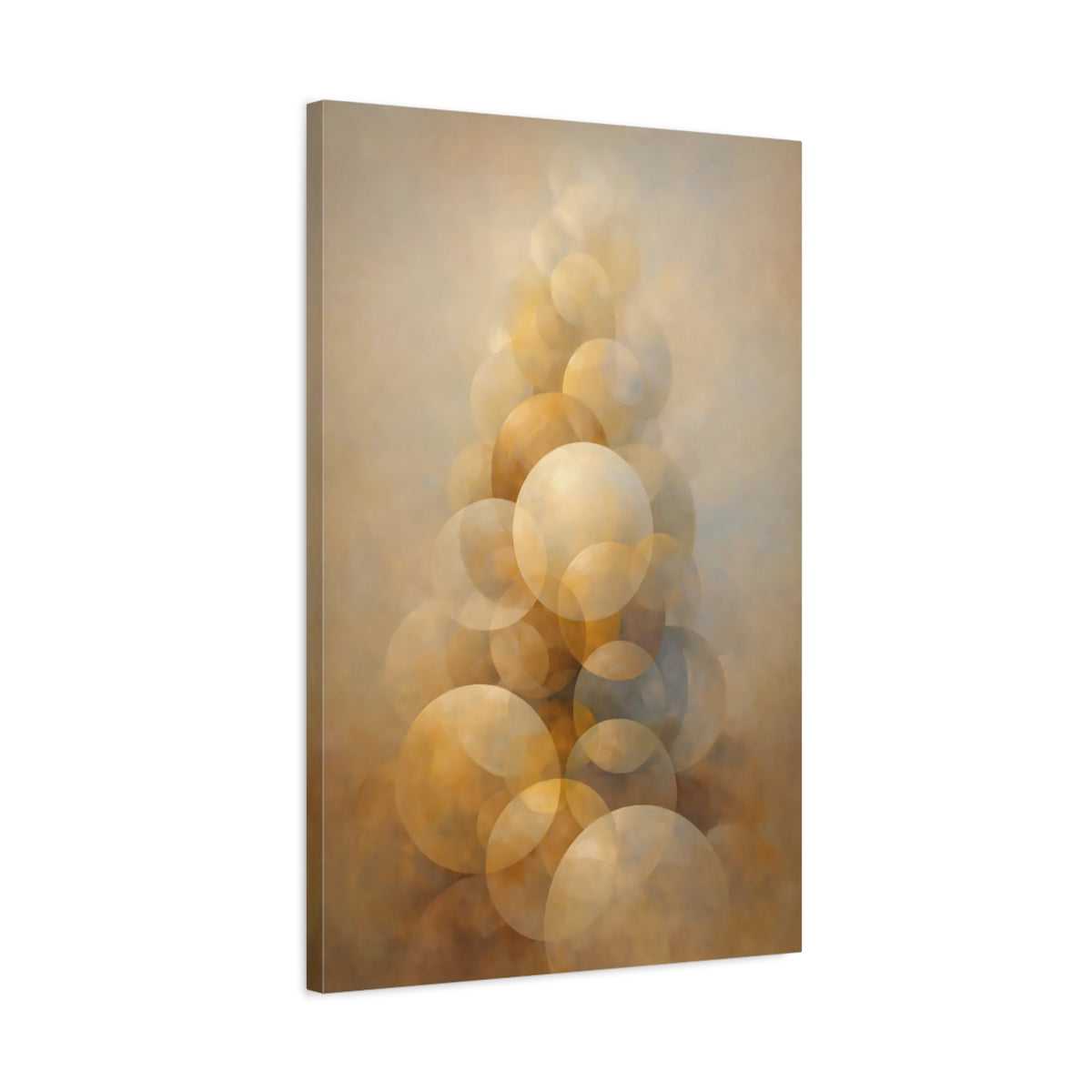Side Mockup 2. Abstract Abstract Spheres Brown And Gold shown as stretched canvas wall art