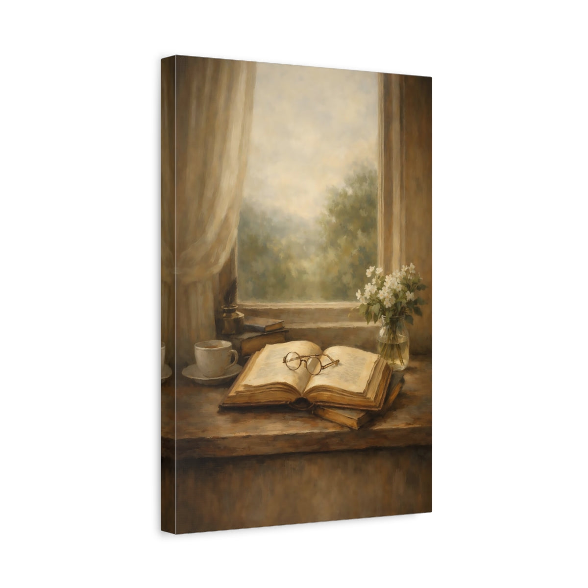 Side Mockup 4. Vintage Open Book Brown And Beige shown as stretched canvas wall art