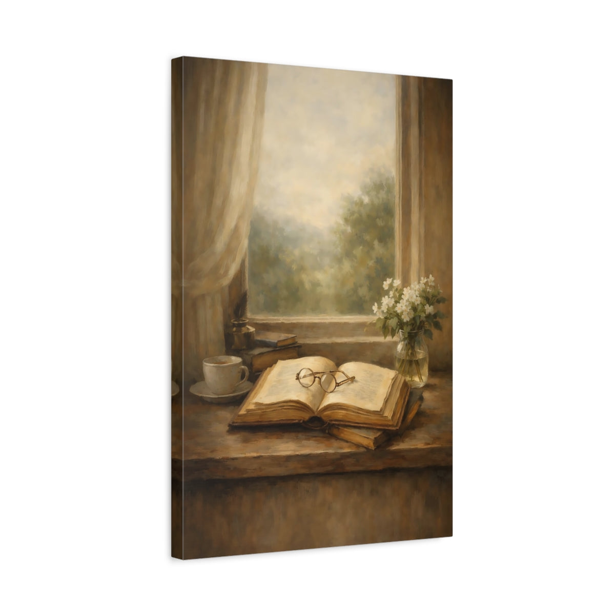Side Mockup 3. Vintage Open Book Brown And Beige shown as stretched canvas wall art