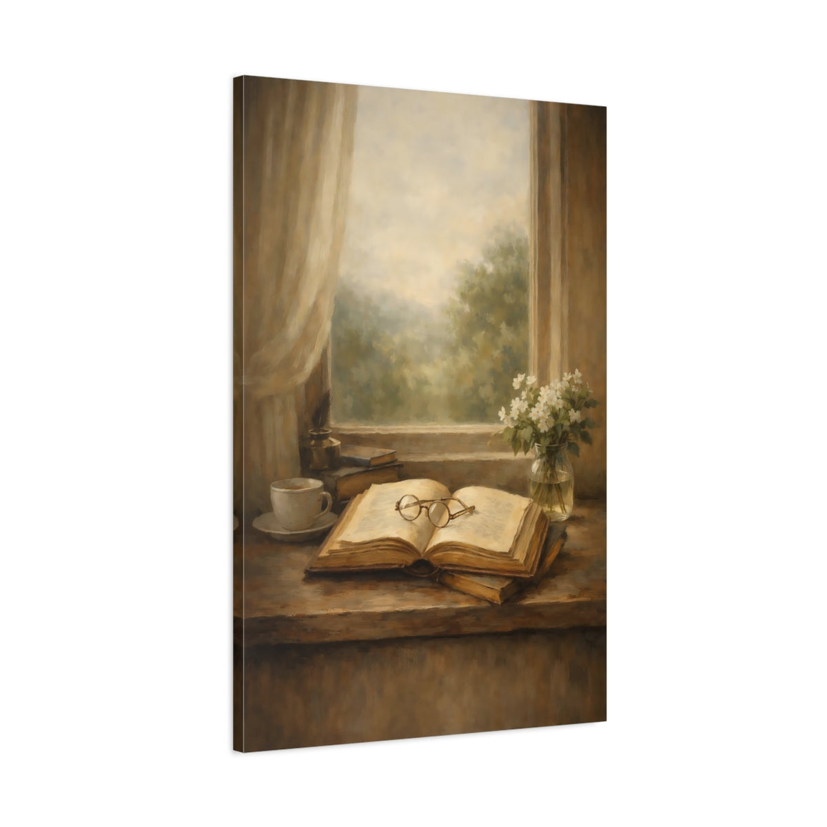 Side Mockup 1. Vintage Open Book Brown And Beige shown as stretched canvas wall art